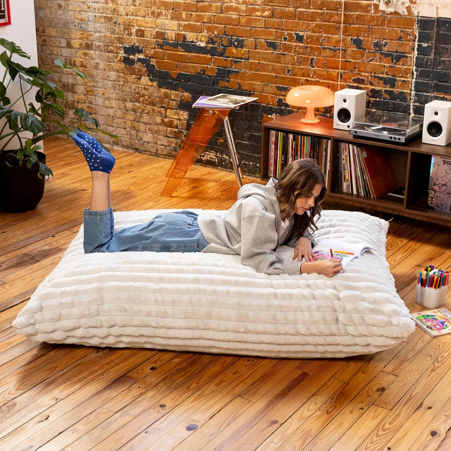Pillow Saxx Bean Bag Rocking Chair - Elegant Oversized Rocker with Modern Wood Frame, Mondo Fur Ivory