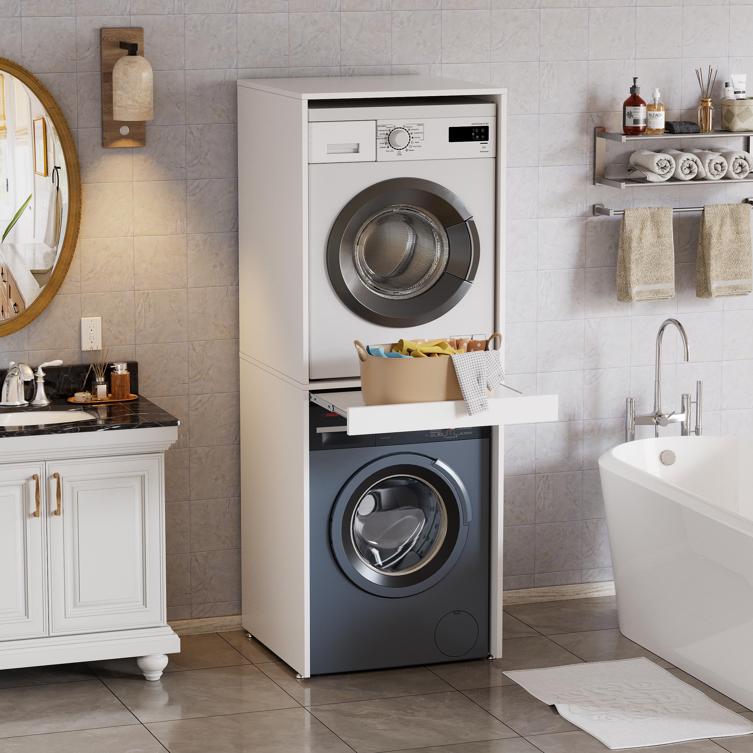 Version Améliorée Armoire pour Machine à Laver et Sèche-Linge avec Planche Extensible, Meuble Machine a Laver,Renforcement Structurel,Stable et ne tremble pas,180x65x66cm,capacité de Charge 100 kg