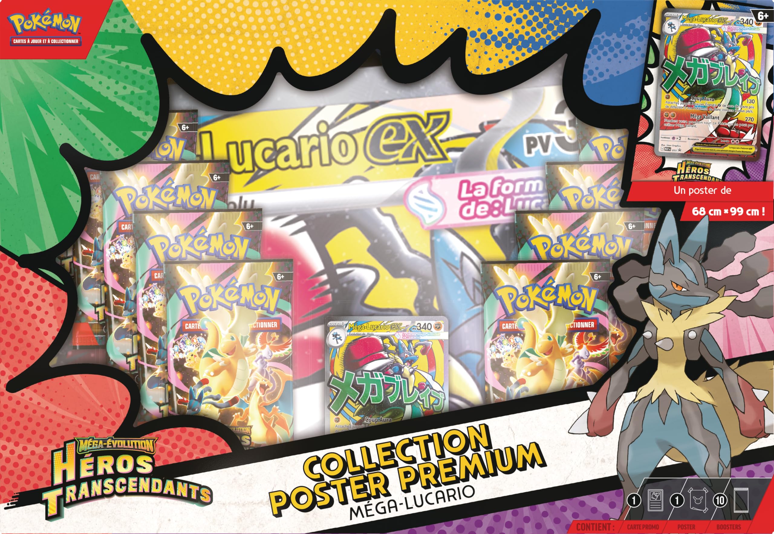Pokémon : Collection Poster Premium Méga-Évolution – Héros Transcendants – Méga-Lucario (1 Carte Promo Brillante, 1 Poster Double Face et 10 boosters)