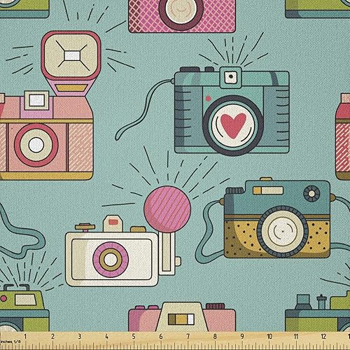 Ambesonne The Yard, tela retro de The Yard, alegre patrón hipster antiguas cámaras de fotos analógicas, equipo de película estilo garabato, tela de