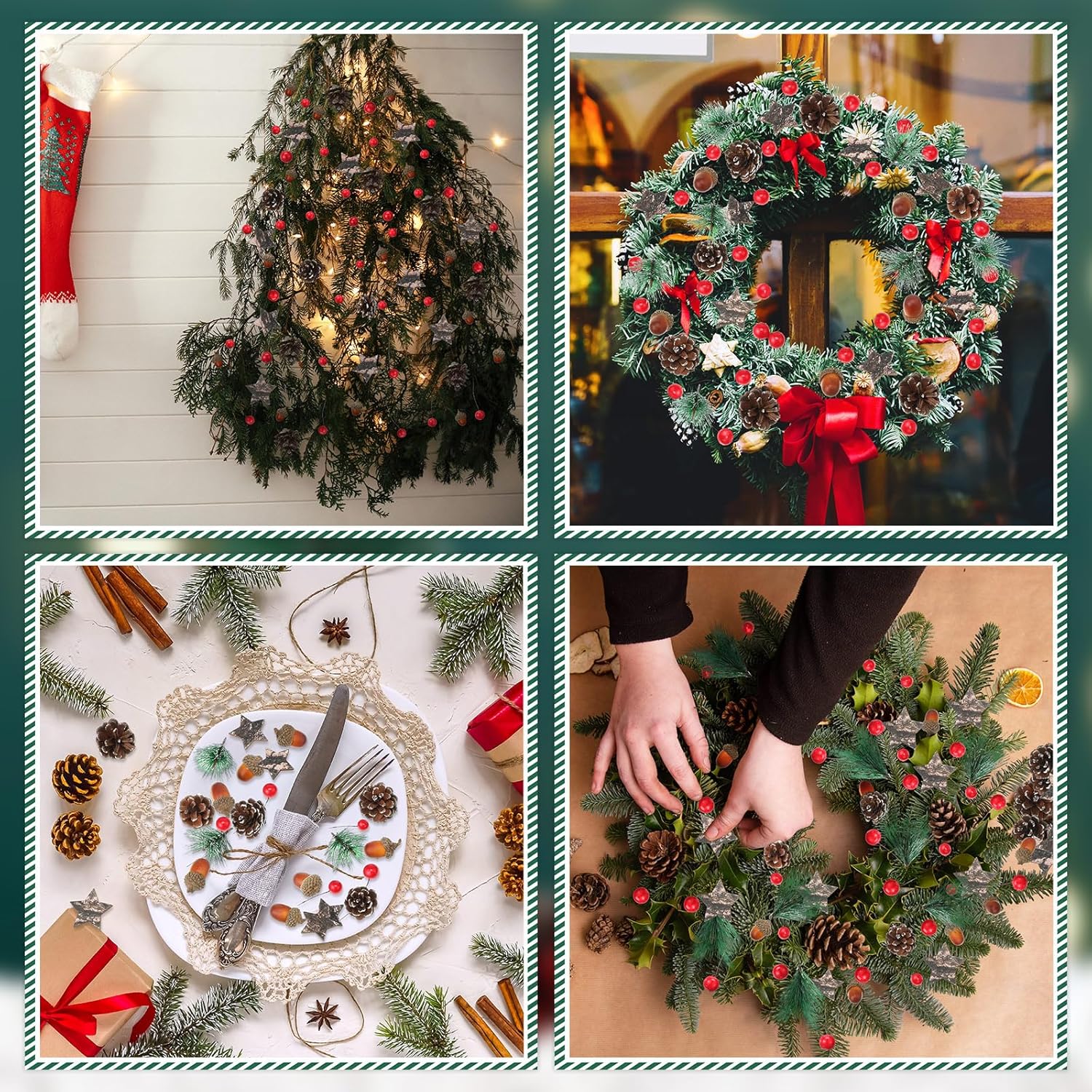 Riceshoot 324 Pcs Christmas Picks and Sprays Pine Cone Red Berries Set Christmas Wreath Making Decoration Artificial Pine Branches Acorns Wooden Stars for Xmas Supplies Party DIY Crafts