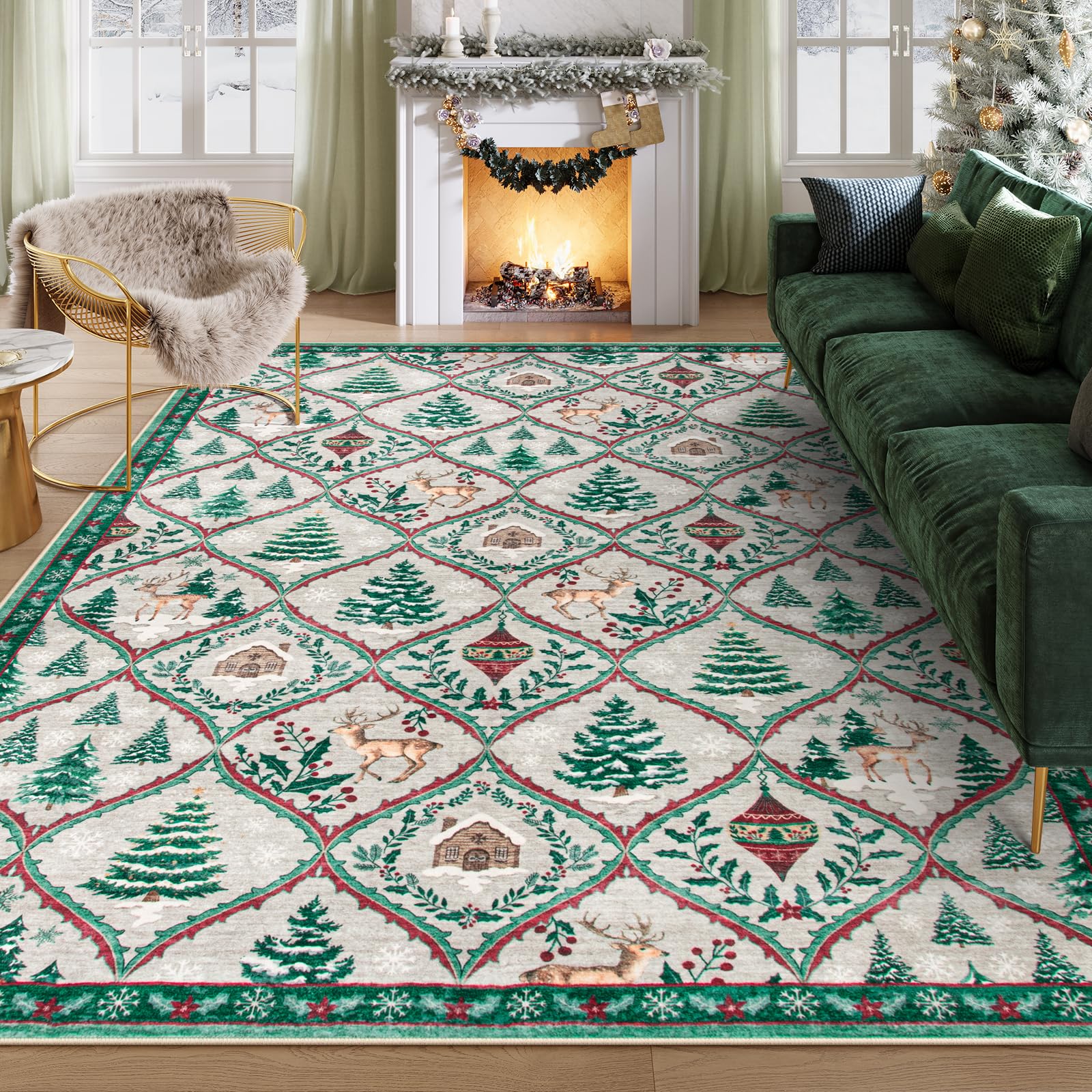 Lahome Christmas Rugs for Living Room, 8x10 Print Reindeer Bedroom Rug Large Washable Christmas Tree Rugs Indoor, Stain Resistance Dining Room Rug Non