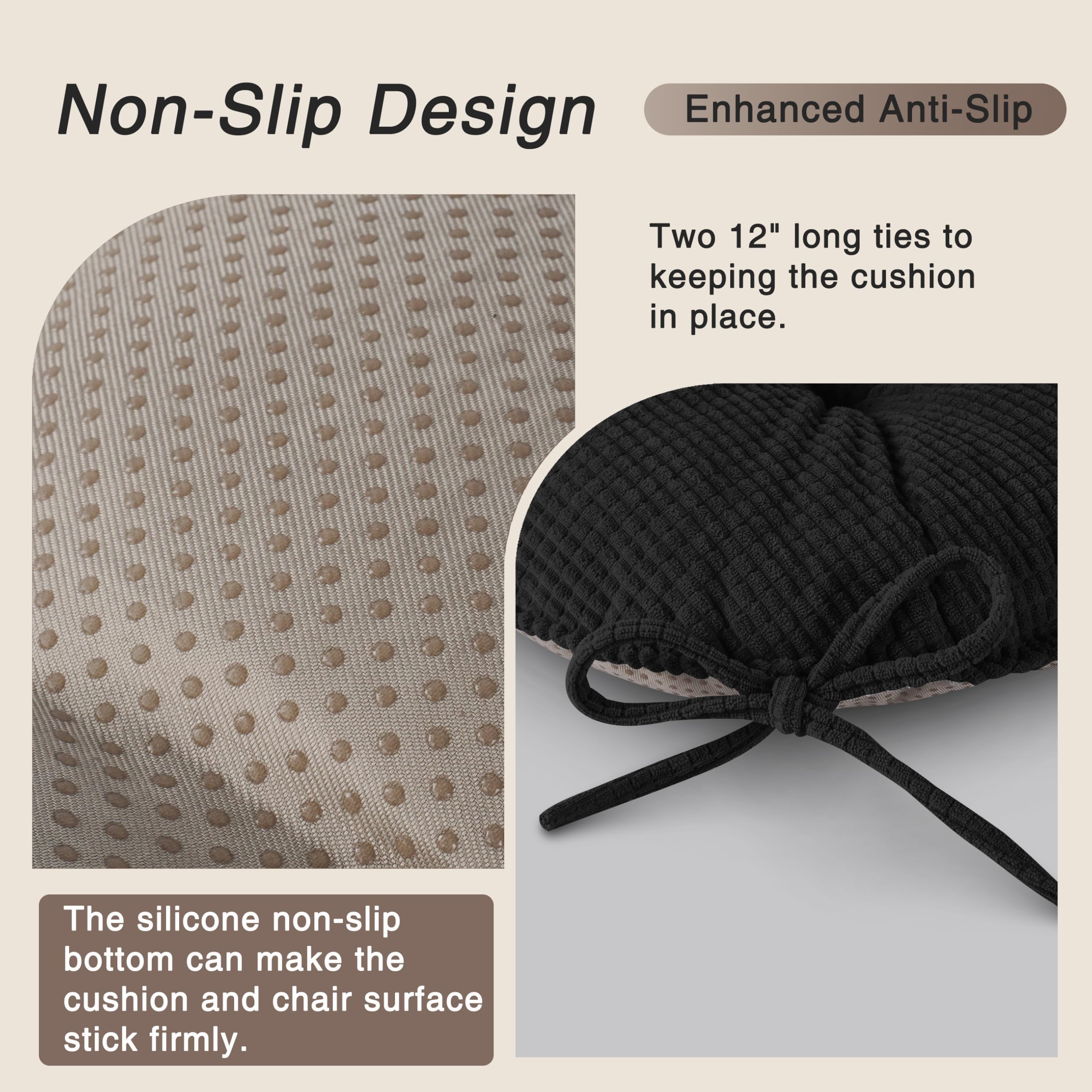 OVOV Chair Cushions for Dining Chairs Set of 1 Non-Slip Kitchen Seat Cushions 18" x 18" x 4" / 46cm x 46cm x 10cm Indoor Seat Pads with Ties Black - Image 3