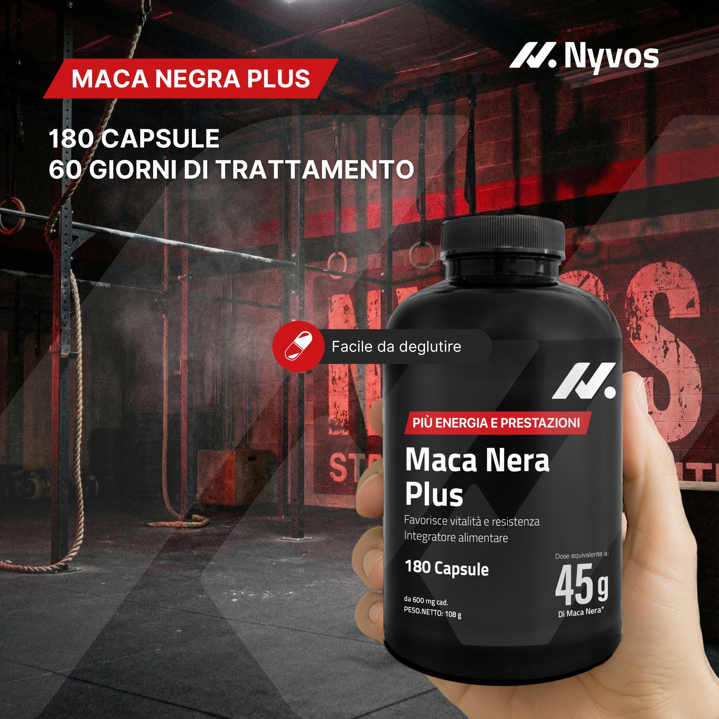 Maca Peruviana Plus – Maca Nera 45.000 mg Equivalenti (100:1), Arginina, Taurina, Vitamina B6 – Testosterone Uomo – 180 Capsule – Vegano, Senza Glutine né Lattosio – Pre workout, Energia e Muscoli