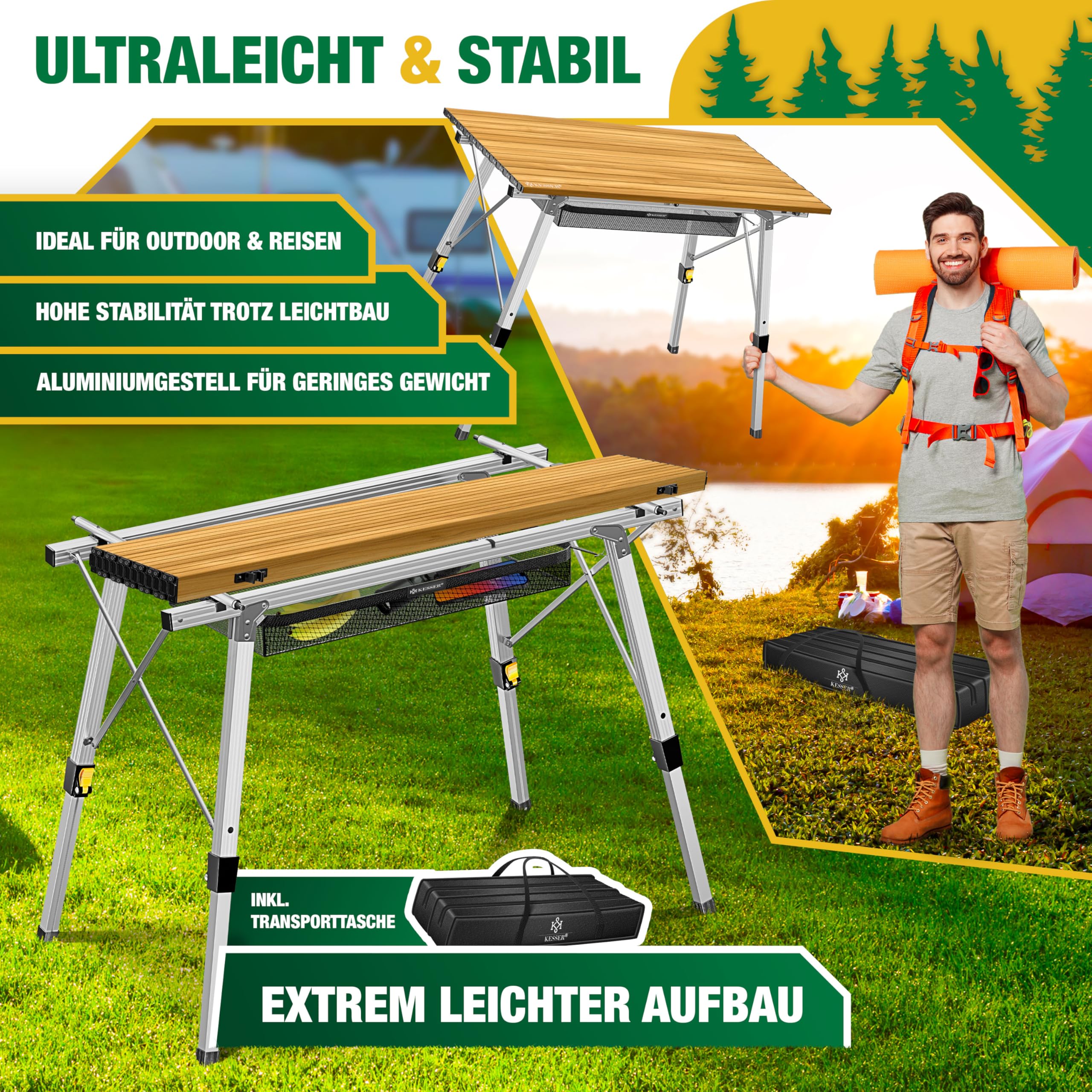 KESSER® Campingtisch faltbar Klapptisch mit Aluminiumrahmen Aufrollbare Tischplatte Falttisch klappbar Höhenverstellung 120x70cm - bis 100kg inkl. Tragetasche mit Trageband & Netztasche, Holz-Optik