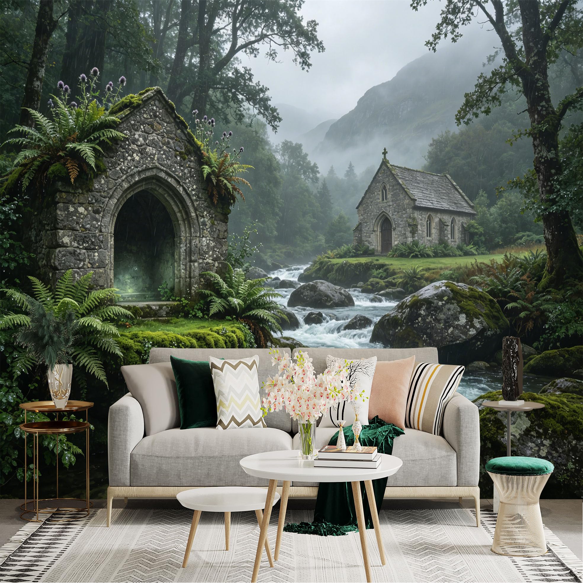 Custom Size Wall Sticker Mural， Ancient Stone Chapel by River with Mossy Rocks and Forest Landscape， for wall Decoration， peelandstick wall Decals.
