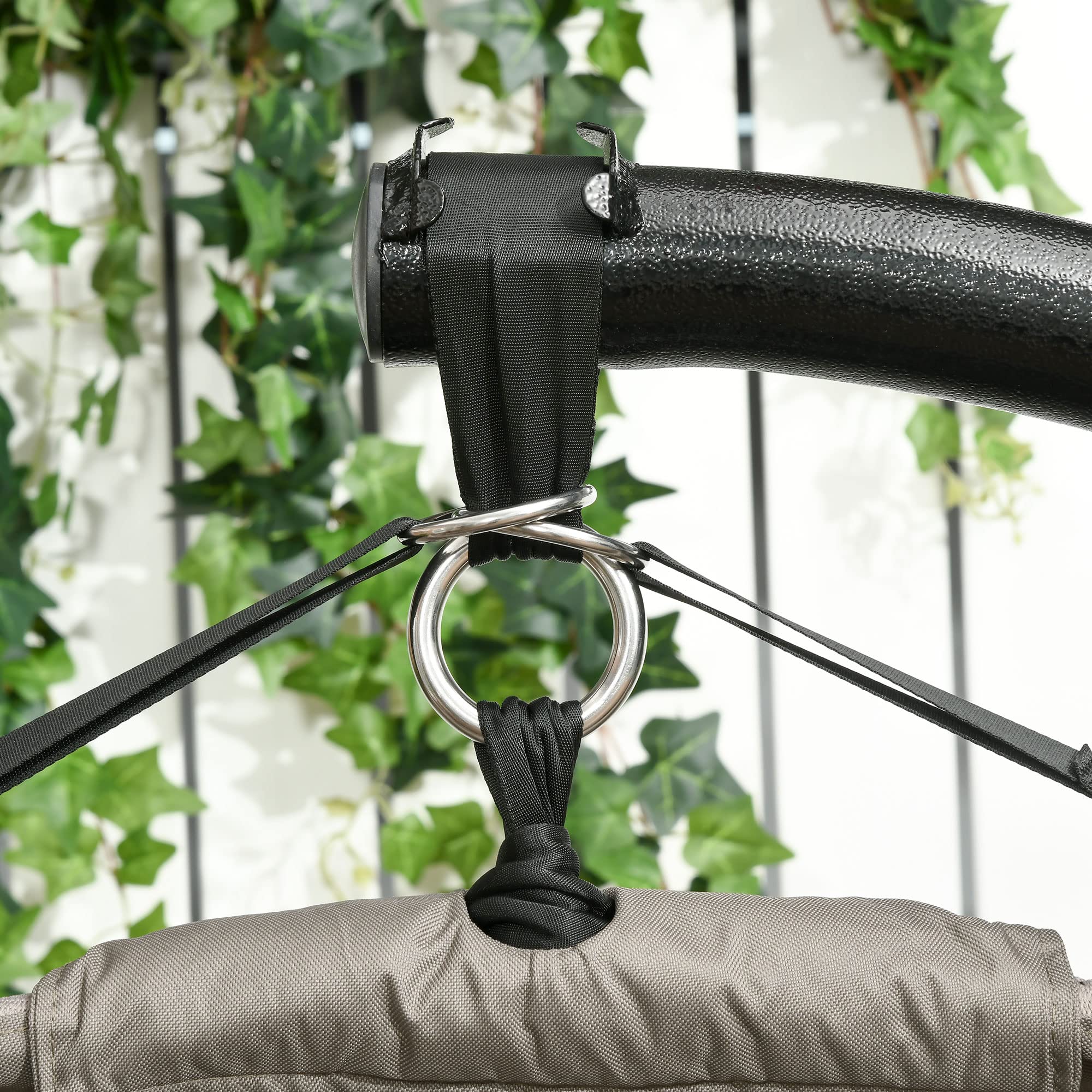Poltrona Sospesa Dondolo da Giardino con Struttura in Acciaio e Cuscino 2 Posti con 2 Tasche e Cesto Pieghevole 130x103x172 cm