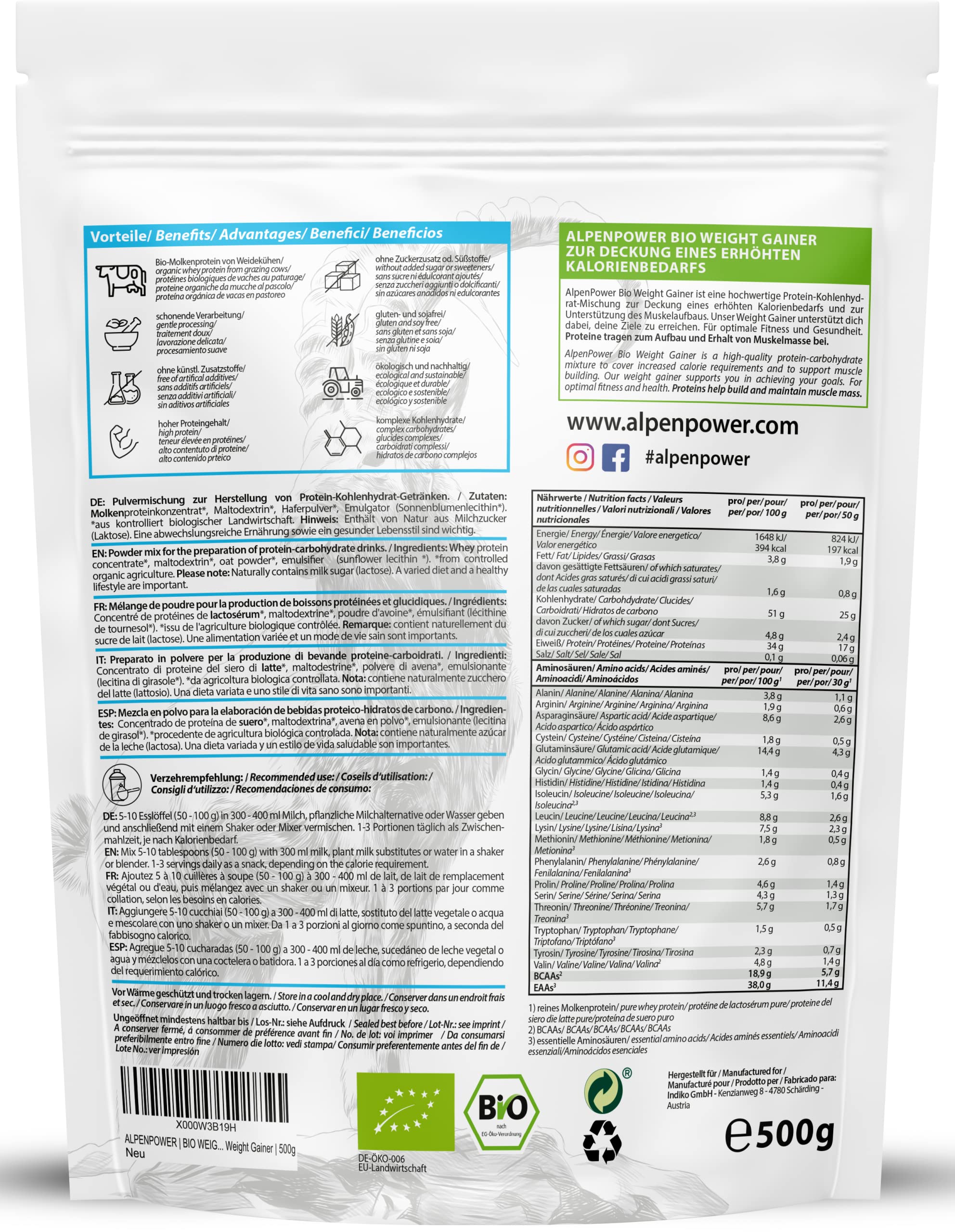 AlpenPower BIO Weight Gainer Neutral 500 g I 100% natürliche Zutaten & ohne Zusatzstoffe I Hochwertige Protein-Kohlenhydrat Mischung I Für Muskelaufbau