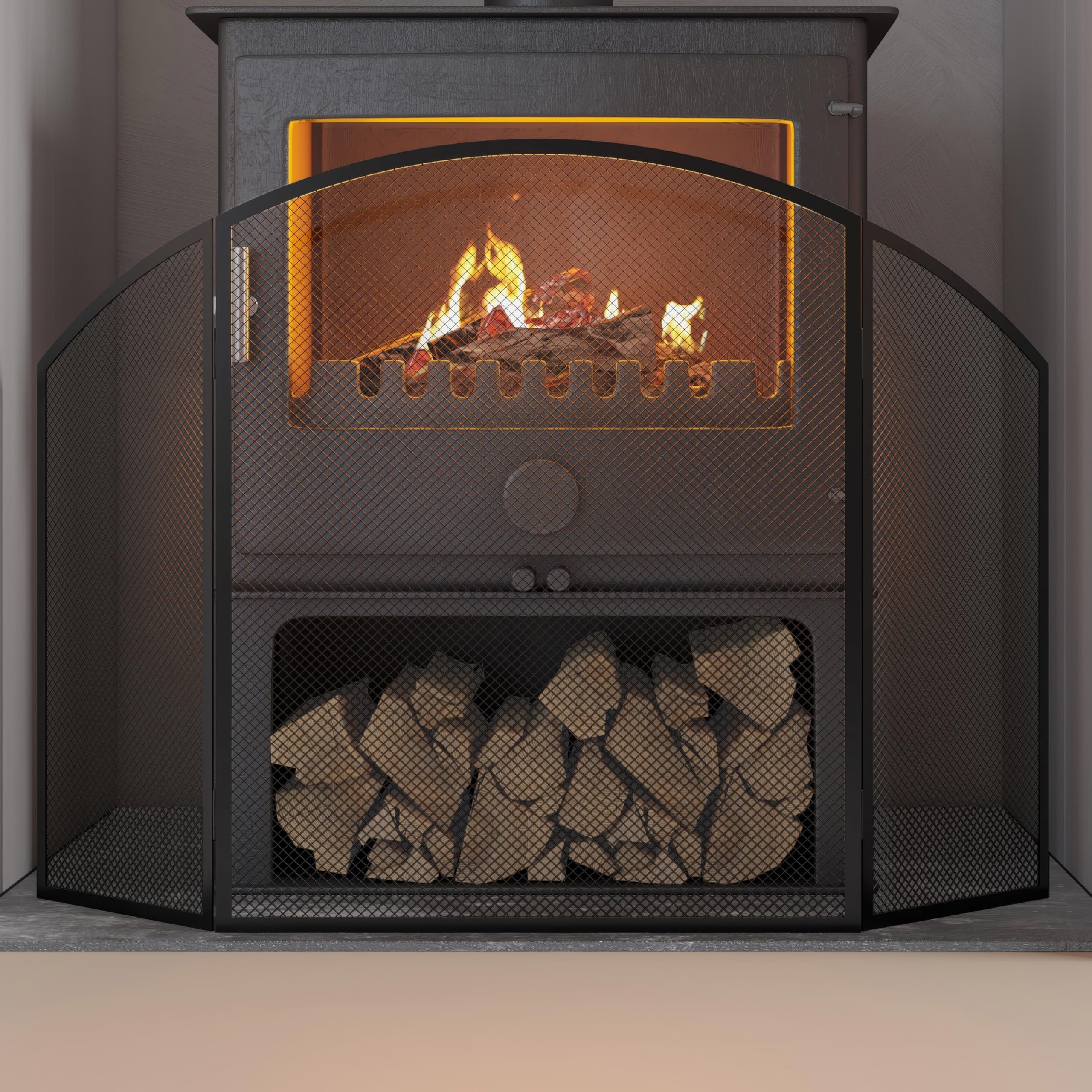 Kingson Rejilla de Protección para Chimenea Negra 96.5x61cm, Protección contra el Fuego para Estufas de Leña y Quemadores de Troncos, Protección contra el Fuego para Bebés, Protección contra el Fuego