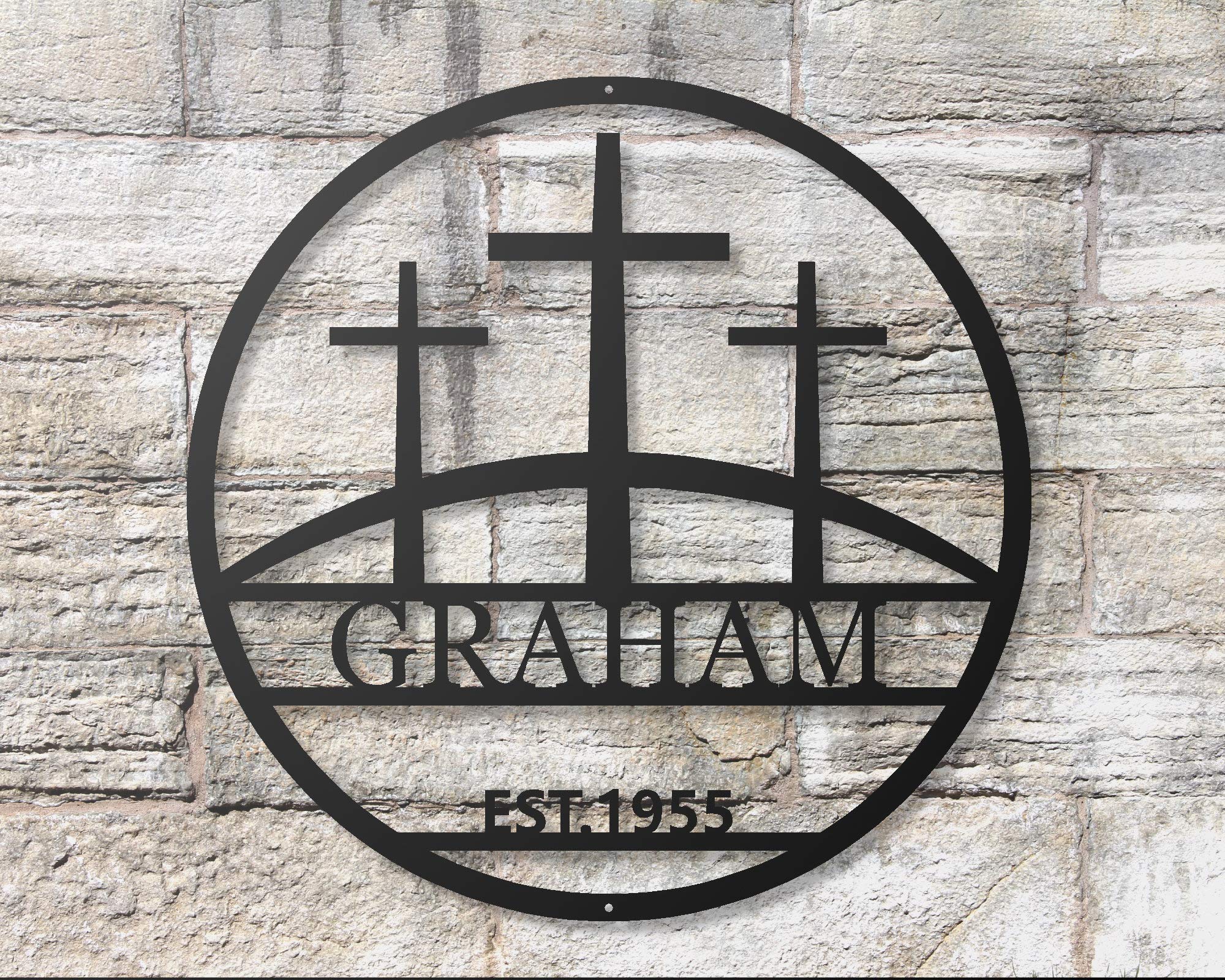 DKISEE Personalized Cross Family Name Sign - Custom Christian Sign - Church Decor - Custom Metal Sign - Crucifix - Wedding Gift Decorative Metal Wall Art - 14 Inch - Black - MAW242