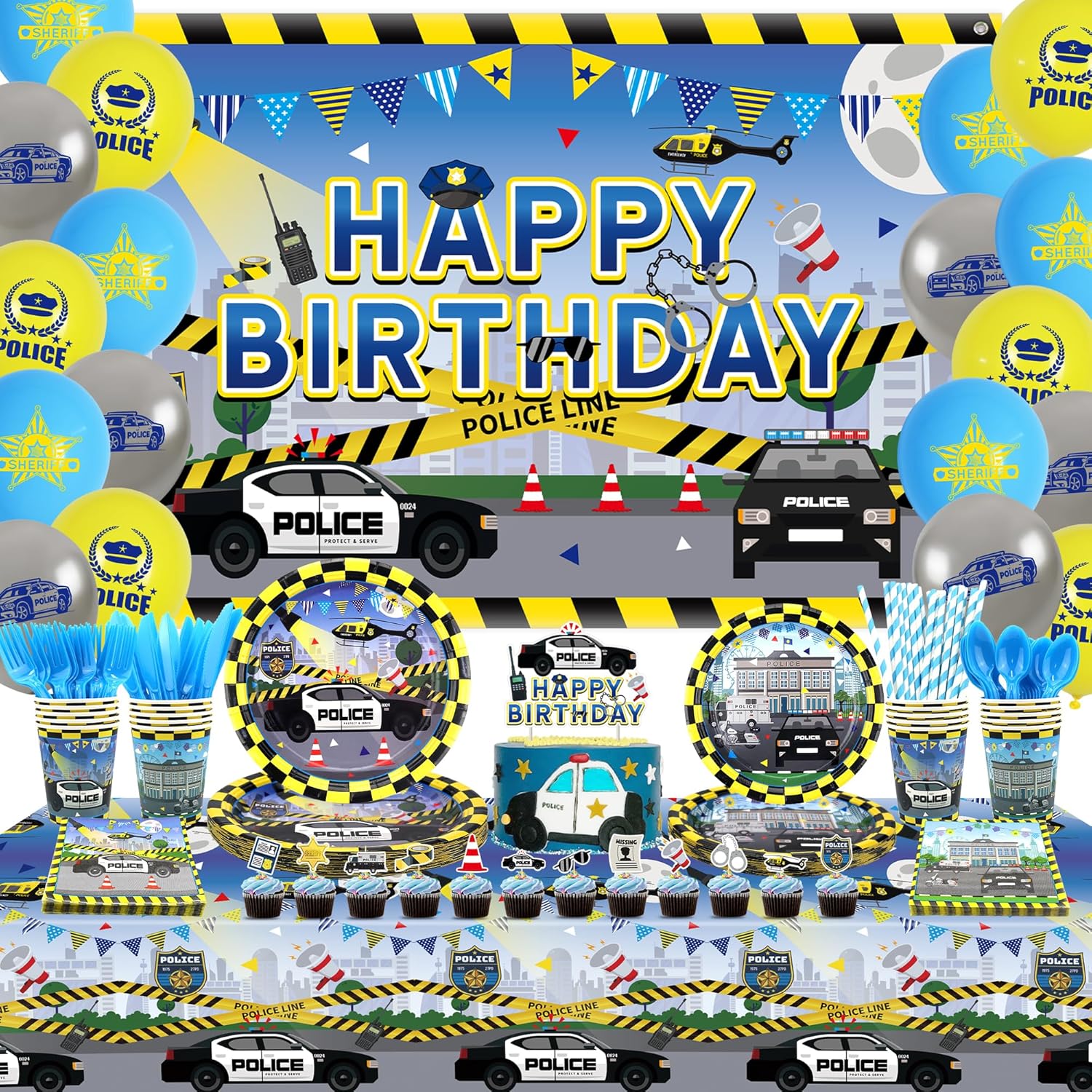 KEFAN Police Birthday Party Decorations, Police Theme Party Tableware Supplies including HAPPY BIRTHDAY Backdrop, Plates, Cups, Napkins, Tablecloth, Balloons for Kids Birthday Party - Serves 20 (C)