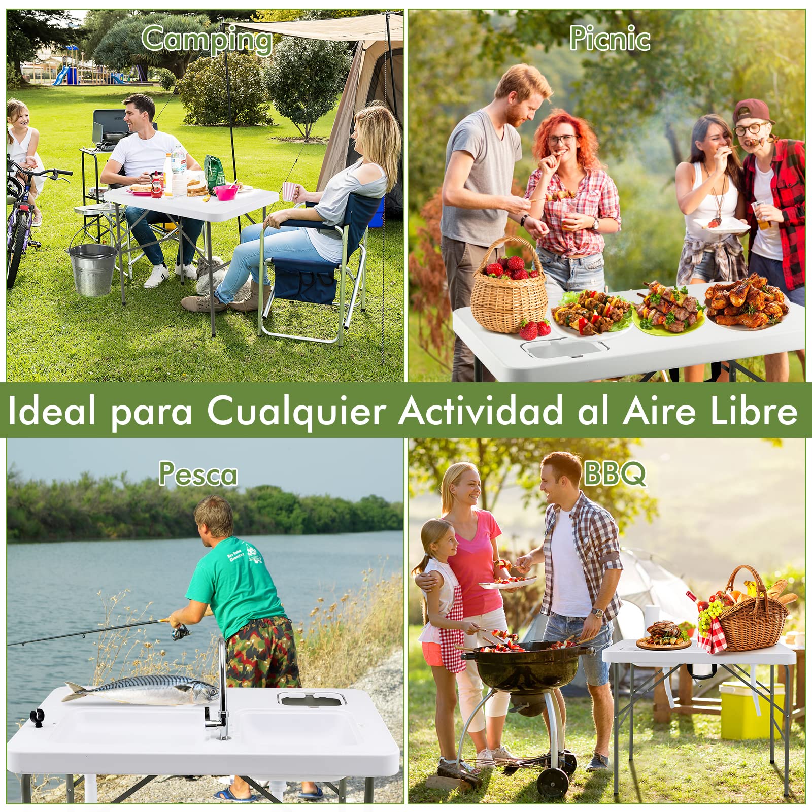 COSTWAY Mesa Plegable Camping, 2 en 1 Mesa+Estación de Limpieza, Grifo Giratorio 360°y 2 Fregaderos para Pesca, Picnic Portátil para Camping, Pesca, Barbacoa, 101,5 x 65,5 x 107,5 cm(Estilo 4)