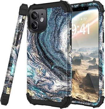 for iPhone 12 Mini Case, Marble Pattern 3 in 1 Heavy Duty Shockproof Full Body Rugged Bumper Hard PC+Soft Silicone Men Boys Drop Protective Phone Cover for iPhone 12 Mini Case, Navy Blue