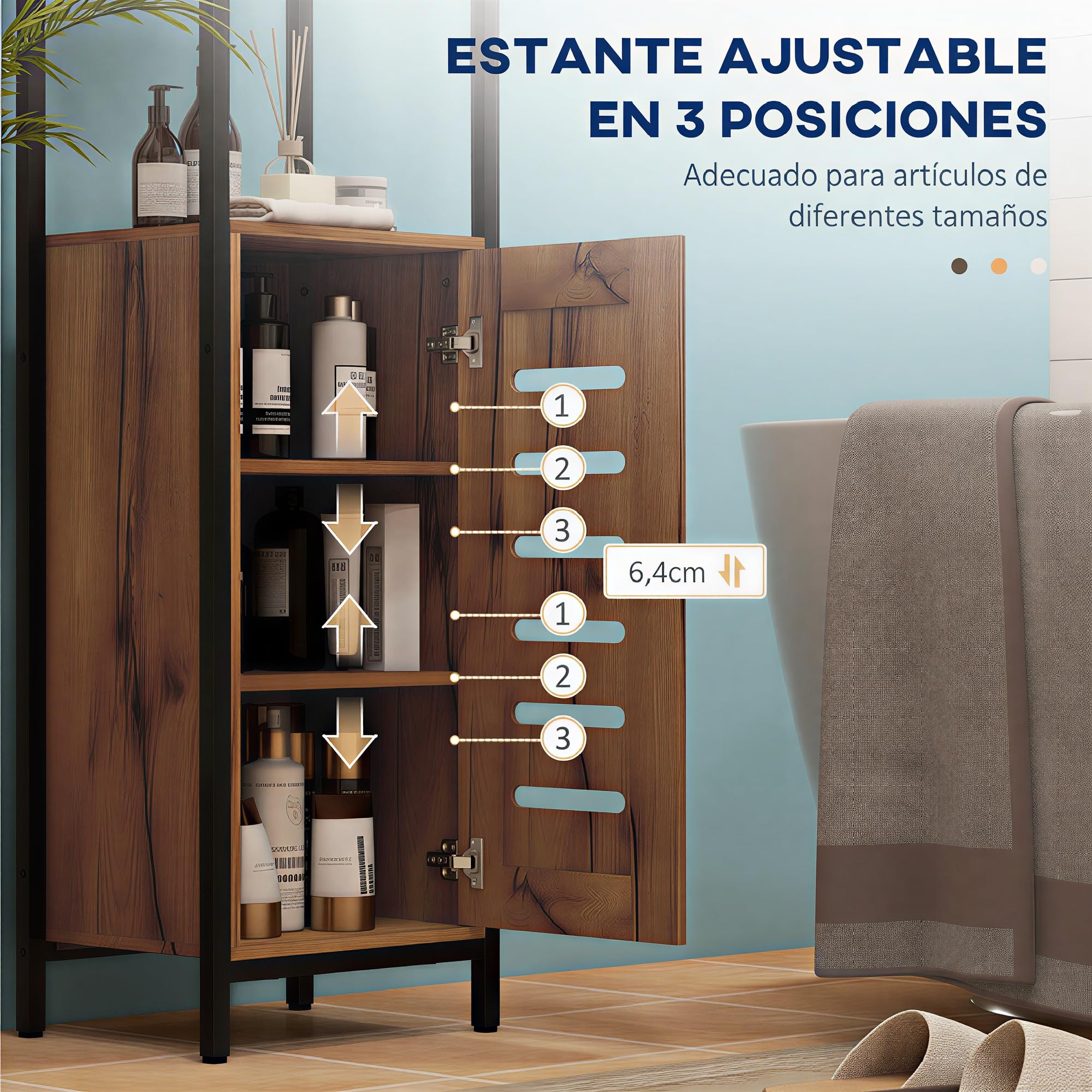 kleankin Armario de Baño Alto con Puerta de Lamas, Estantes Ajustables y Compartimentos Abiertos, Columna de Baño Estrecha, Marco de Acero, 37x30x167 cm, Marrón Rústico