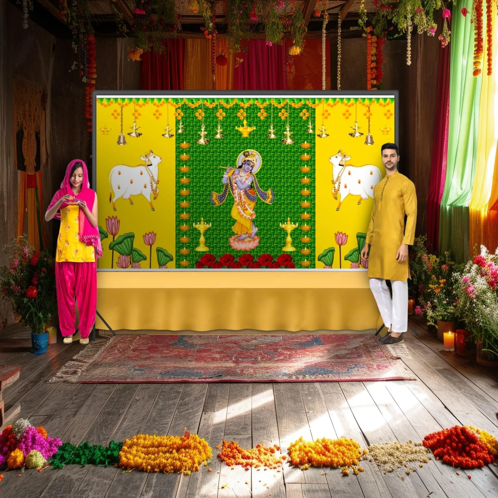 LoveNspire Krishna with Cow Backdrop Indian Traditional