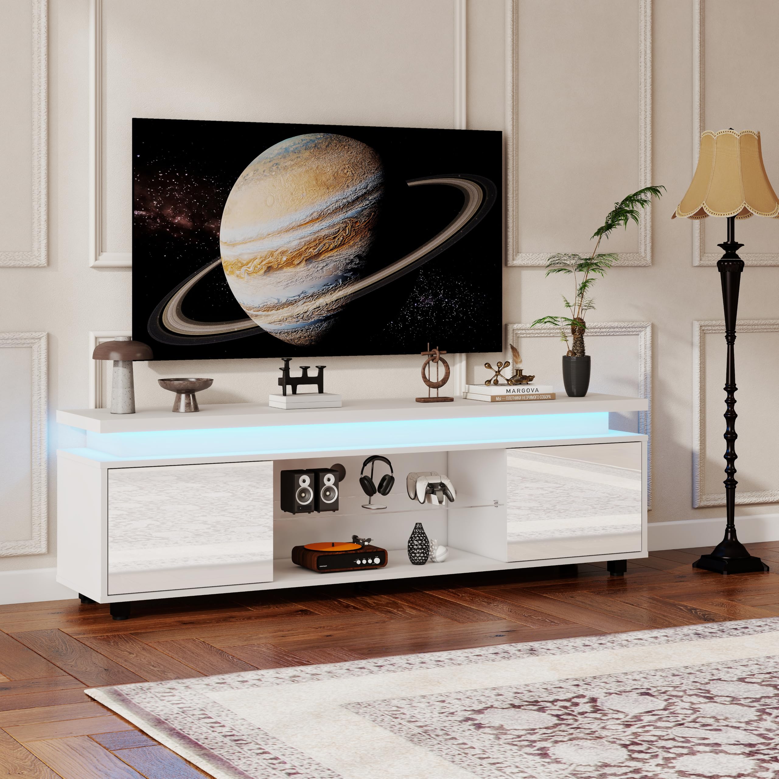 White High Gloss Door TV Cabinet with LED Lights for up to 65 Inch TVs