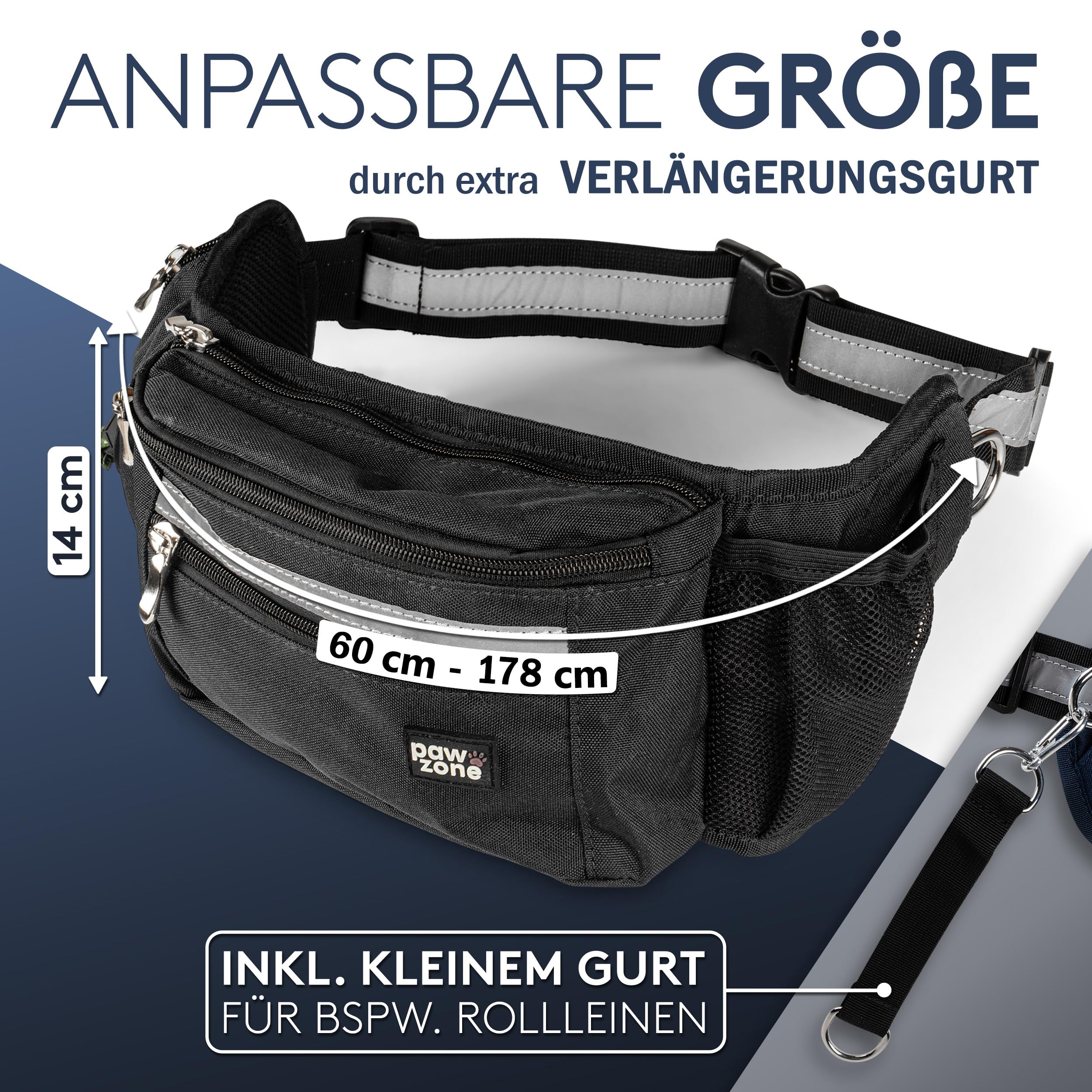 PAWZONE Futterbeutel Hunde - Leckerlibeutel für Hunde - Bauchtasche für Hunde Zubehör - Leckerlitasche für Hunde - Inkl. Reflektorband & Zusatzgurt für Flexileine (Schwarz)