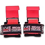 Heavy Duty PRO Metal Lifting Steel Hooks Power Weight Lifting Set of 2 Premium Thick Padded Workout Hook Gloves (Men-Wrist Size Large, Jet RED)