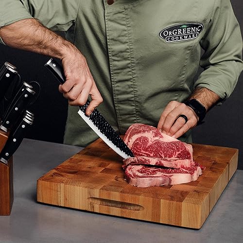 Miniatura 6 de Juego de cuchillos de acero de alto carbono martillado, textura de hoja Tsuchimi antiadherente, mango ergonómico, nitidez profesional para corte de