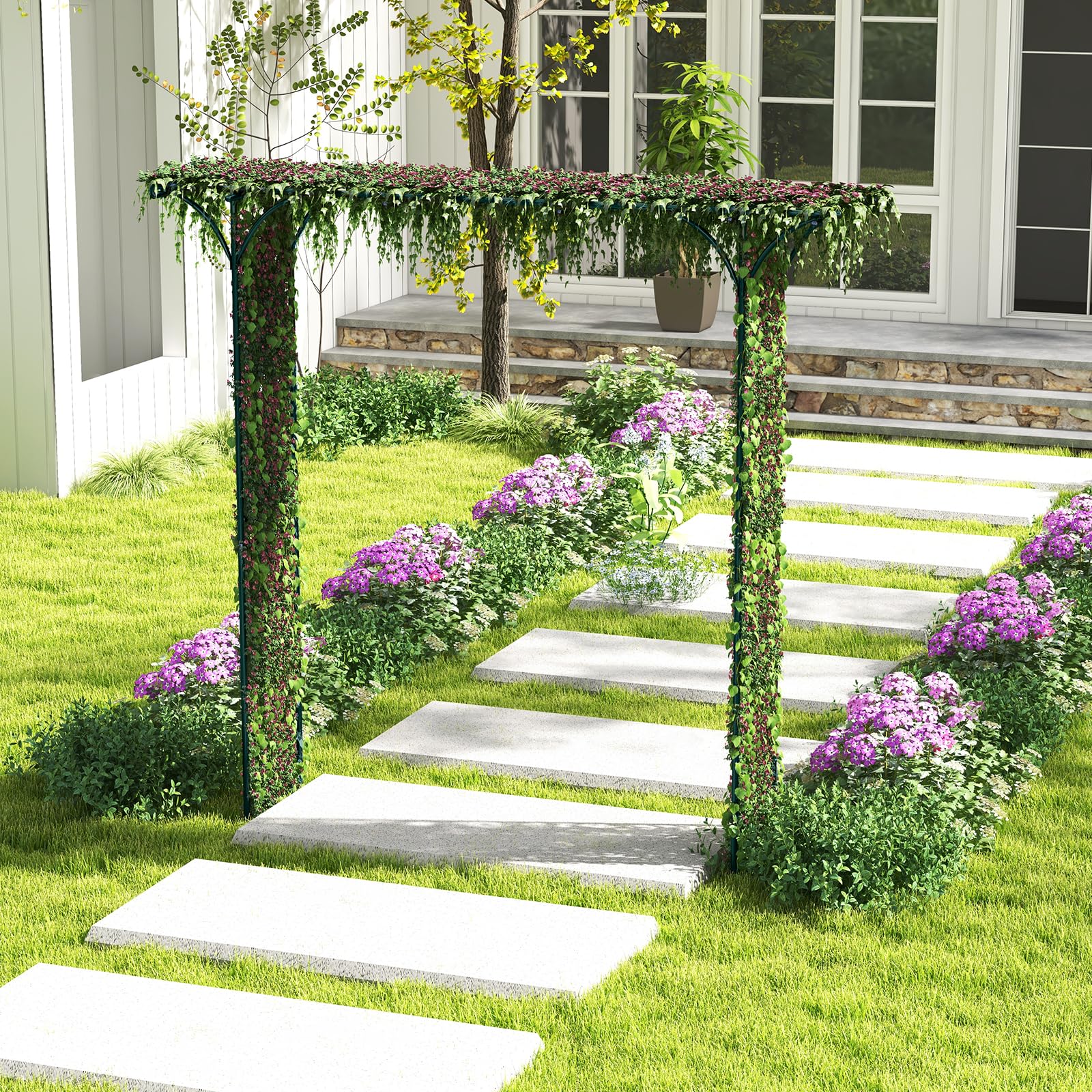 HOMASIS Arco de Rosas de jardín de Metal, Pérgola para Plantas trepadoras, Enrejado Arco para Boda, jardín, Fiesta, Pérgola Cuadrada Alta Resistencia Ayuda Flores Enrejado, 205x52x205cm (Verde)