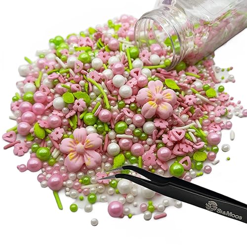 Miniatura 2 de Flores rosadas comestibles para decoración de pasteles, mini flores de azúcar comestibles, chispas de perlas rosas y verdes, chispas de primavera,