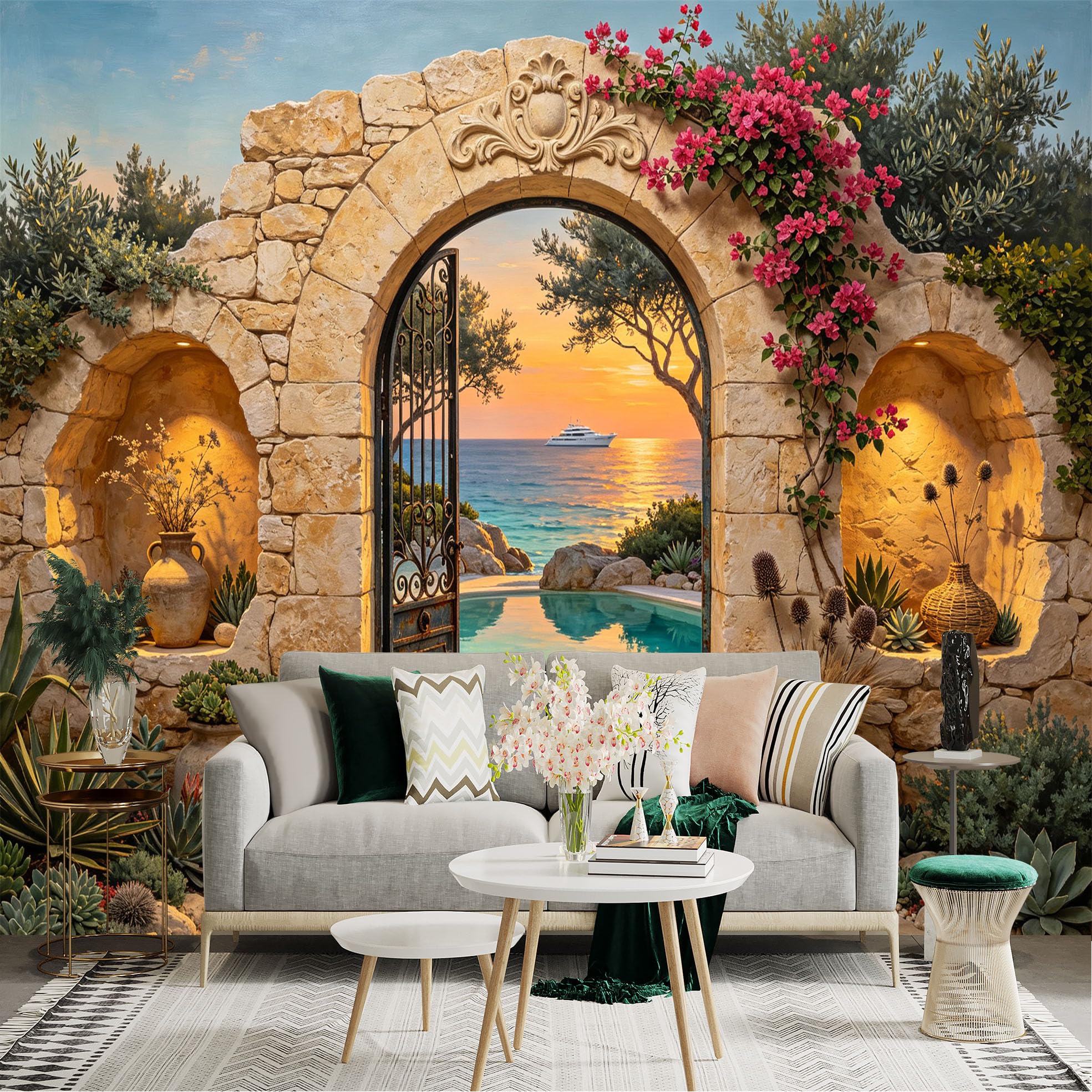 Lnzczhyre Bh260719264 Custom Size Wall Sticker Mural， Mediterranean Stone Archway， Sea View With Sunset， Tropical Flowers And Poolside， For Wall Decoration， Peelandstick Wall Decals.
