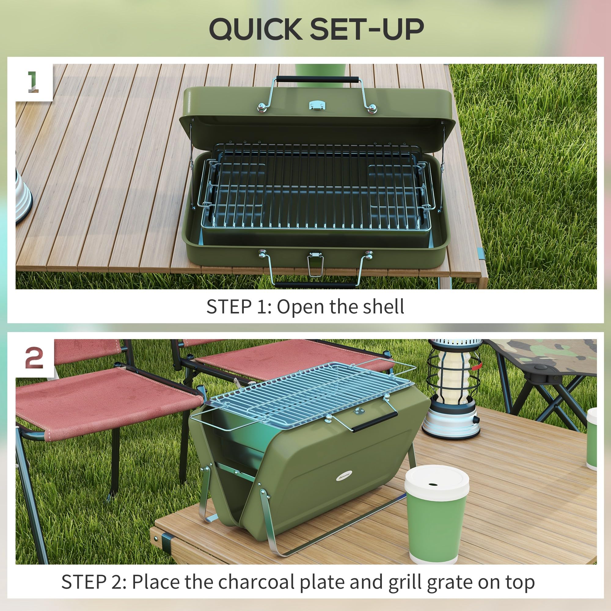 Outsunny Grill stołowy węglowy z misą na węgiel Zielony 47x30x28 cm