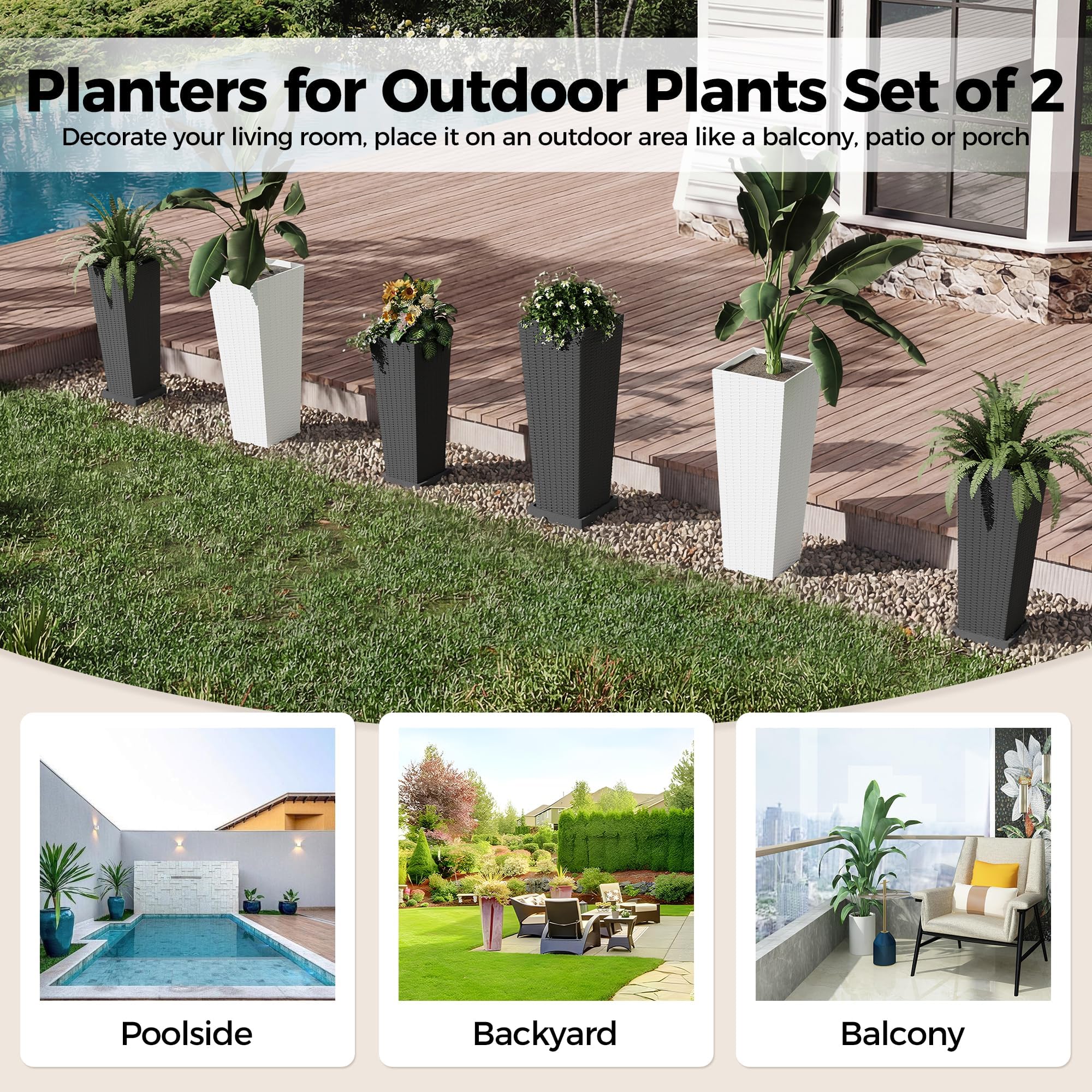 Maceteros Grandes de Exterior e Interior Pack de 2, Jardineras Altas de Plástico Resistente con Agujeros de Drenaje y Maceta Interior Extraíble, Set de 2 Macetas Decorativas Blancas para Plantas