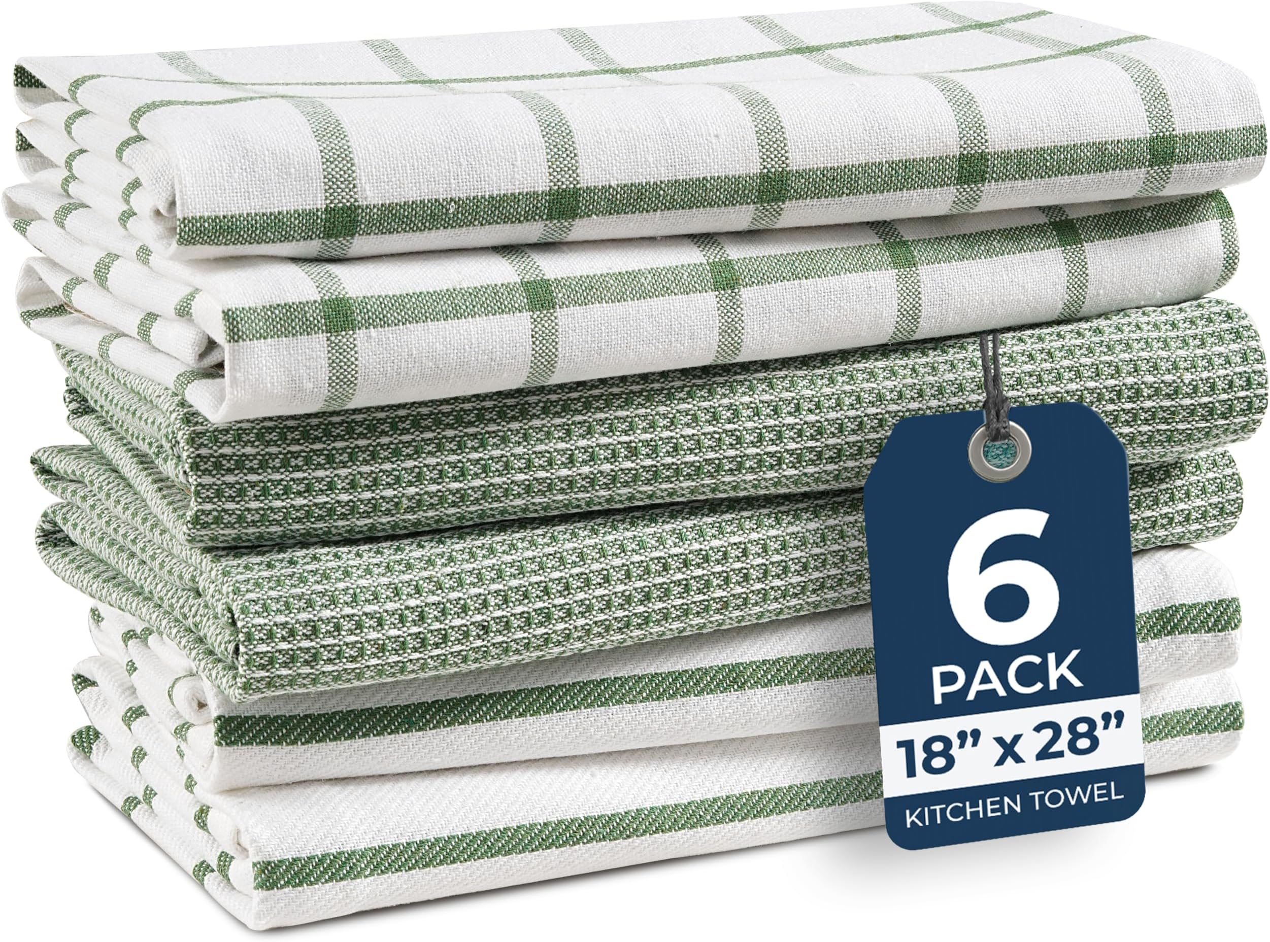 Cotton Kitchen Towels Set, 6-Pack – Absorbent, Quick-Drying Dish Towels, 18" x 28", Premium Hand and Tea Towels - Olive
