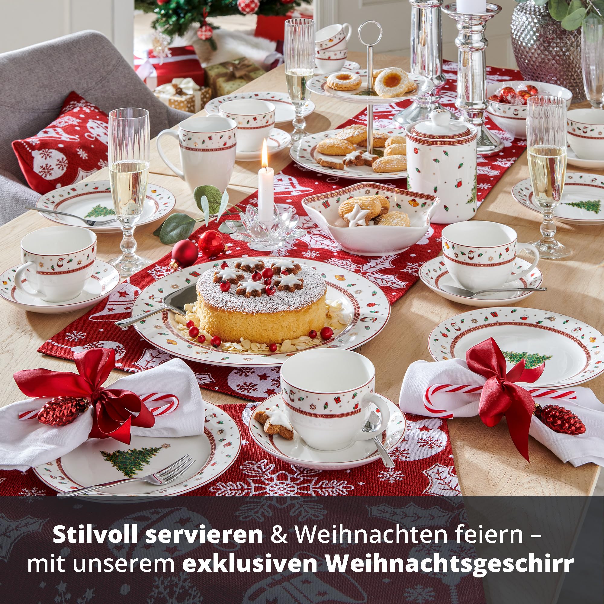 Peill+Putzler Germany Weihnachtsgeschirr,Kaffeeservice mit Weihnachtsmuster, 18-teiliges Geschirrset für Weihnachten, Bon China Porzellan in weiß für 6 Personen, mit Goldrand daher nur Handwäsche