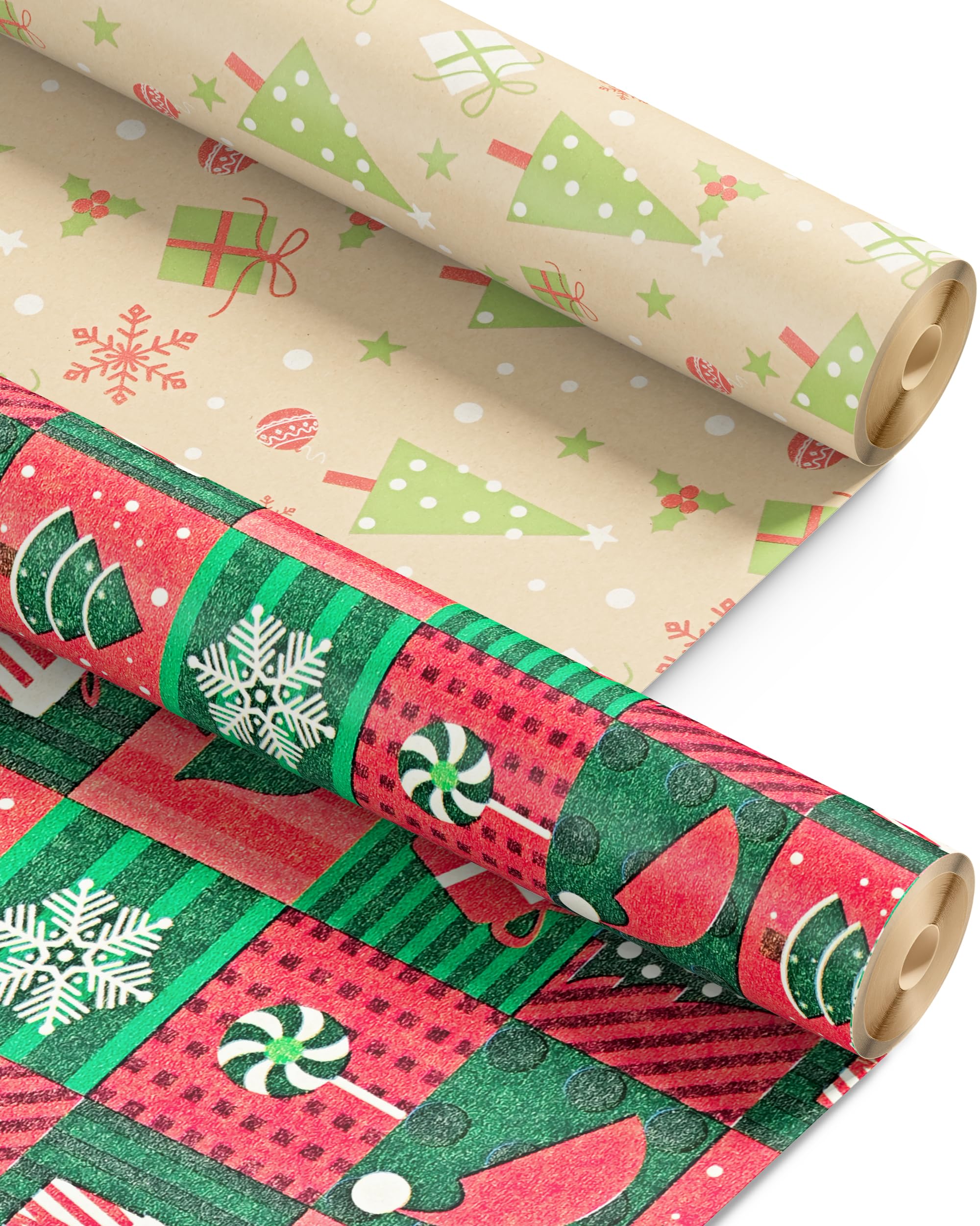 Kraft & Co Christmas Wrapping Paper Rolls – 2 Pack Thick Paper Sheets 44.5cm x 25m – Kraft Xmas Gift Wrap – Festive Eco Friendly Wrapping Papers for Christmas Gifts–Arts and Crafts–50m Total