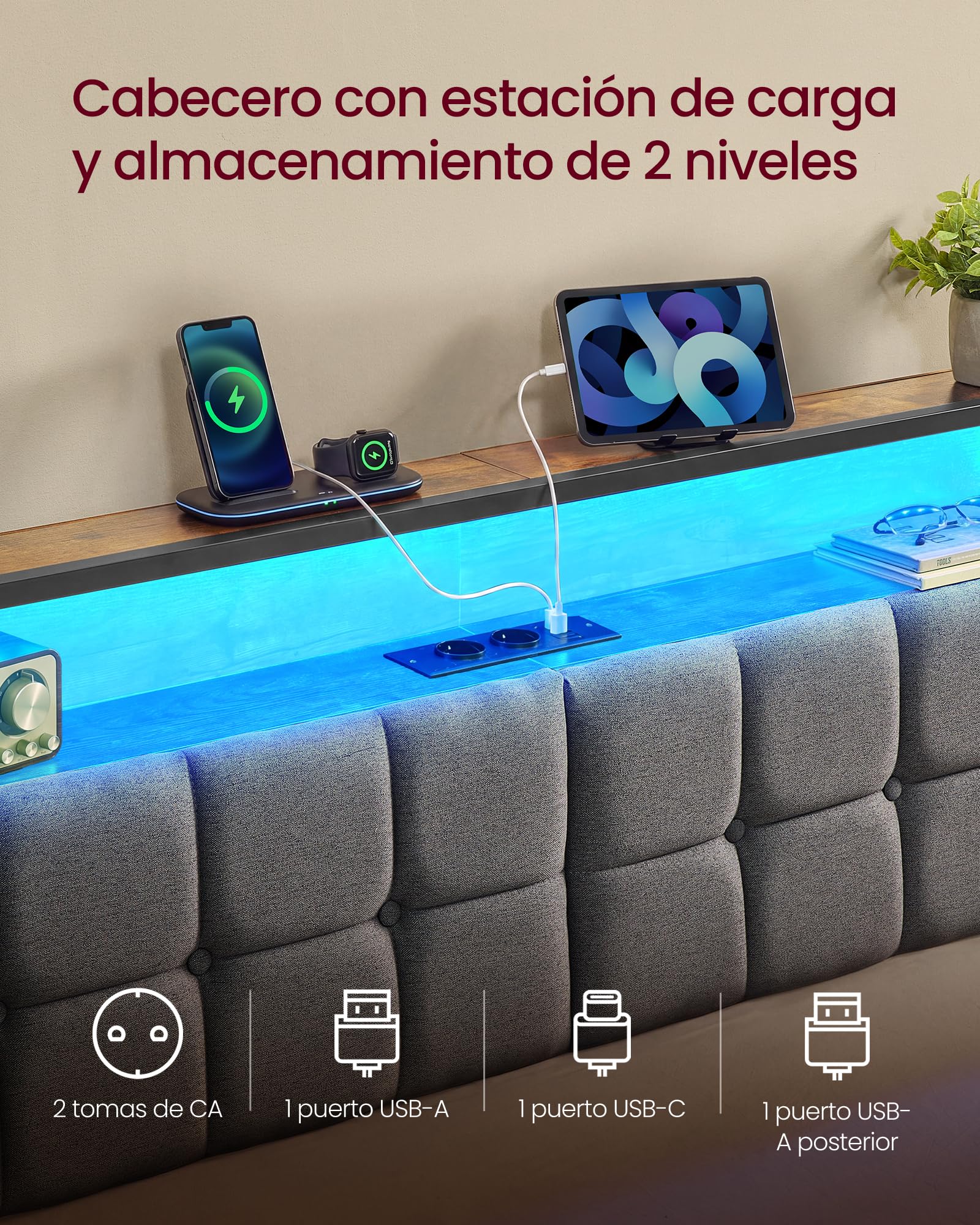 VASAGLE Estructura de Cama de Acero para Colchón de 90 x 190 cm, con Cabecero Tapizado, Luces LED y Enchufes, 208,9 x 90,5 x 104,5 cm, Negro Mate y Marrón Rústico, Colección Dupon RMB121G101