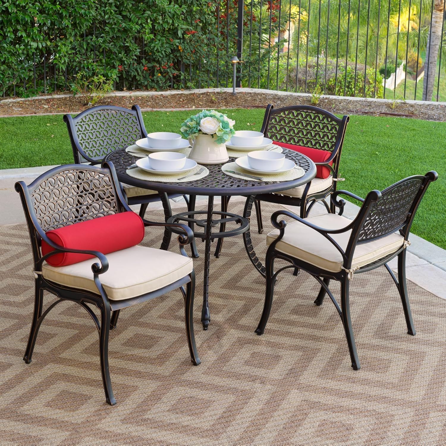 5-Piece Cast Aluminum Patio Dining Set for 4, All-Weather Round Patio Table and Chairs for 4 with Cushions, Outdoor Furniture Set with Umbrella Hole, Patio Furniture Set for Patio Deck Yard