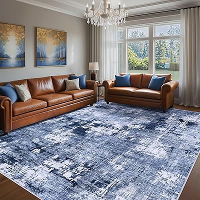 Area Rug Living Room Rugs - 10x14 Washable Large Soft Indoor Neutral Modern Abstract Low Pile Rug Carpet for Bedroom Dining Room Farmhouse Home Office - Navy Blue
