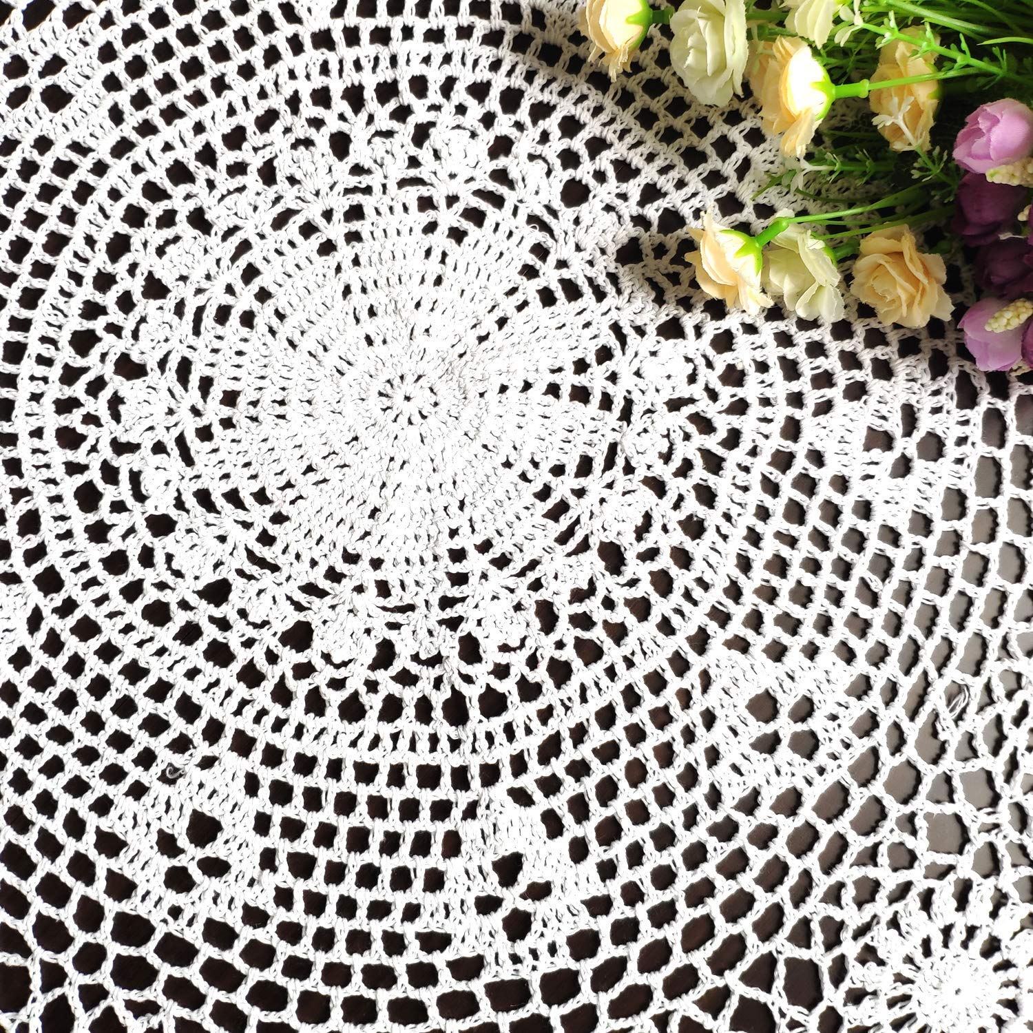 USTIDE 60 inch White Crochet Cotton Lace Tablecloth Elegant Floral Round Table Cloth Lace Dining Table Covers Kitchen Home Decor