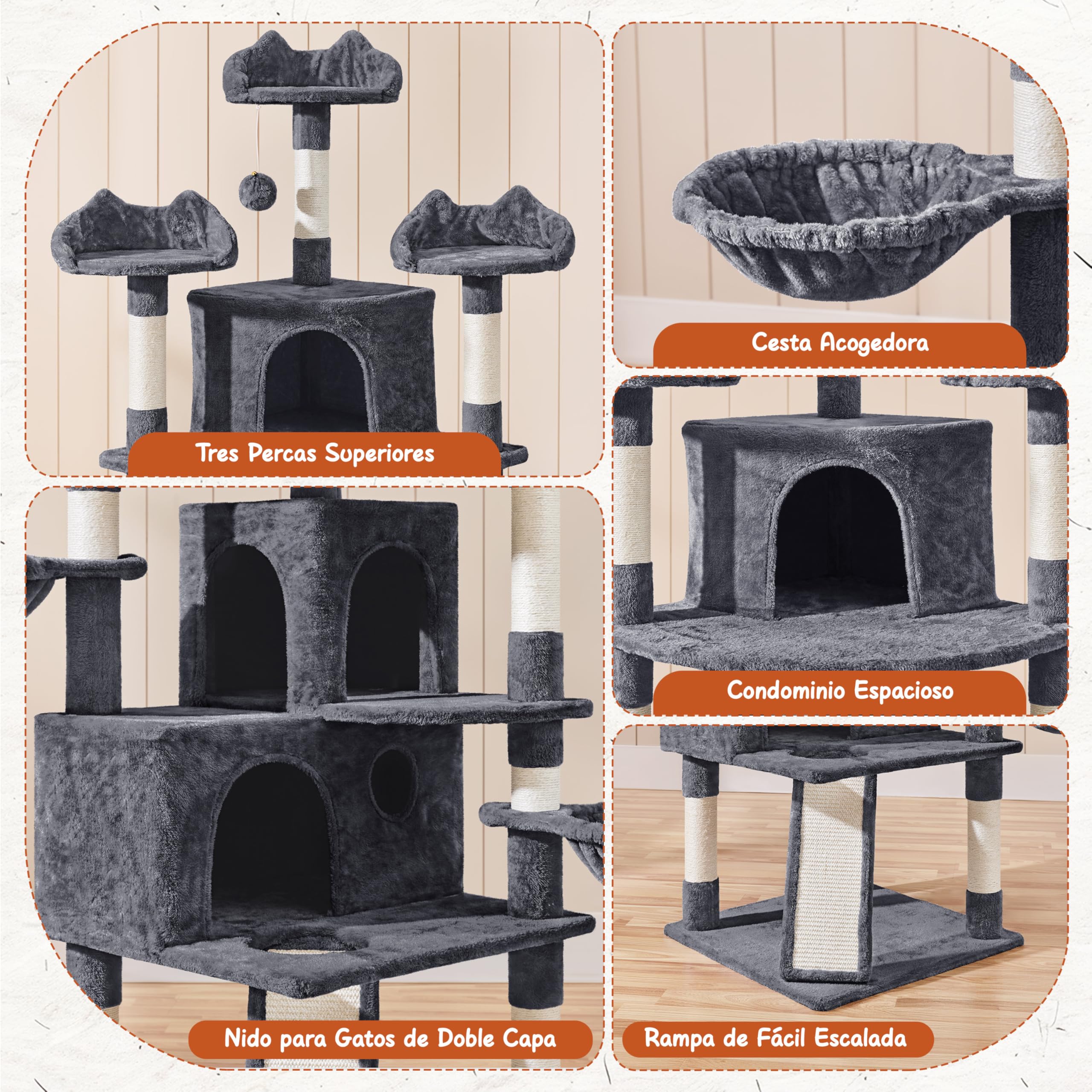 Yaheetech Árbol Rascador para Gatos Torre Escalador para 1-3 Gatos Medianos Rascador Postes con Plataforma 55,5x55,5x194 cm Gris Oscuro