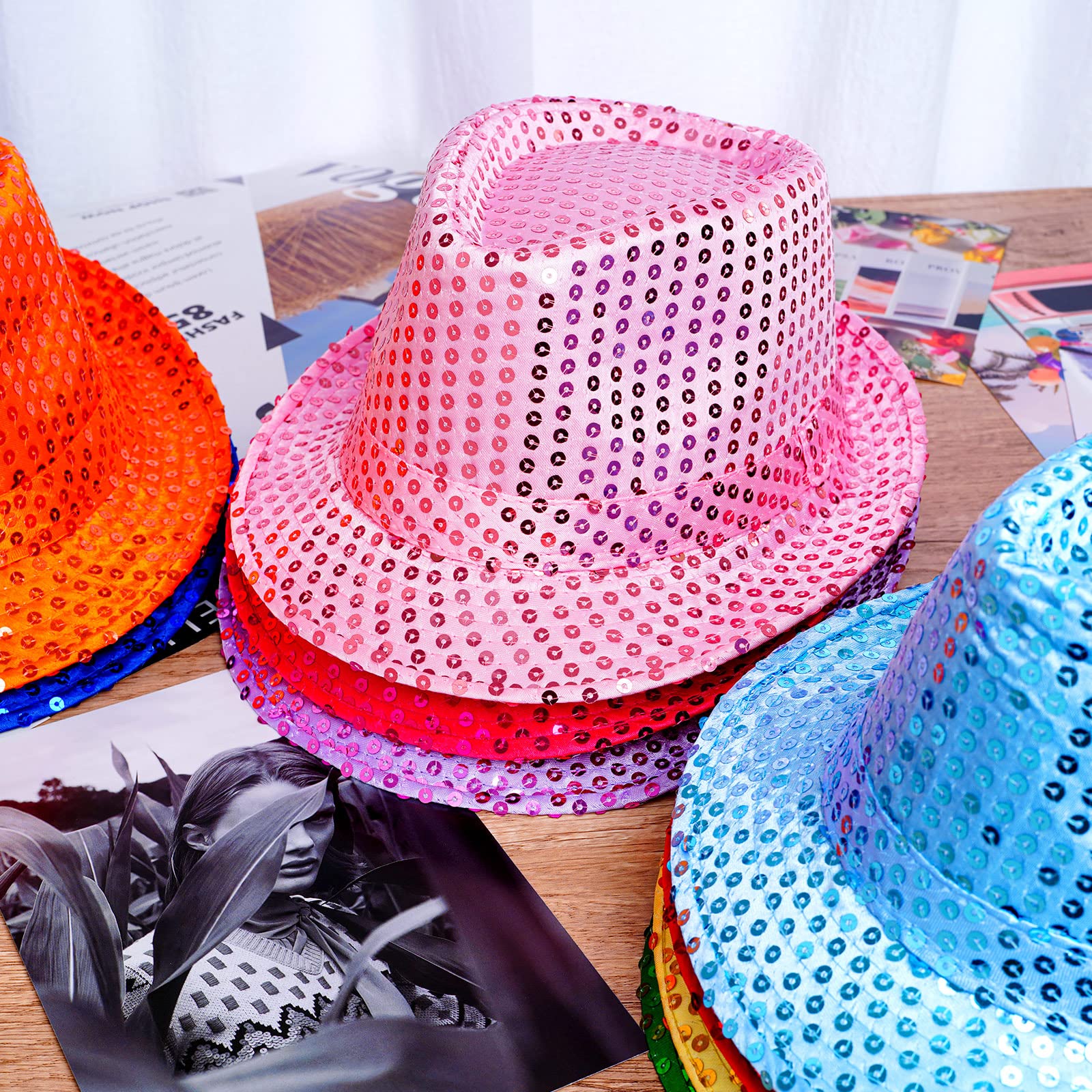 Janmercy 12 Pieces Western Sequin Hat Glitter Solid Color Dance Hat Retro Disco Unisex Costume Cap for Party Props Supplies