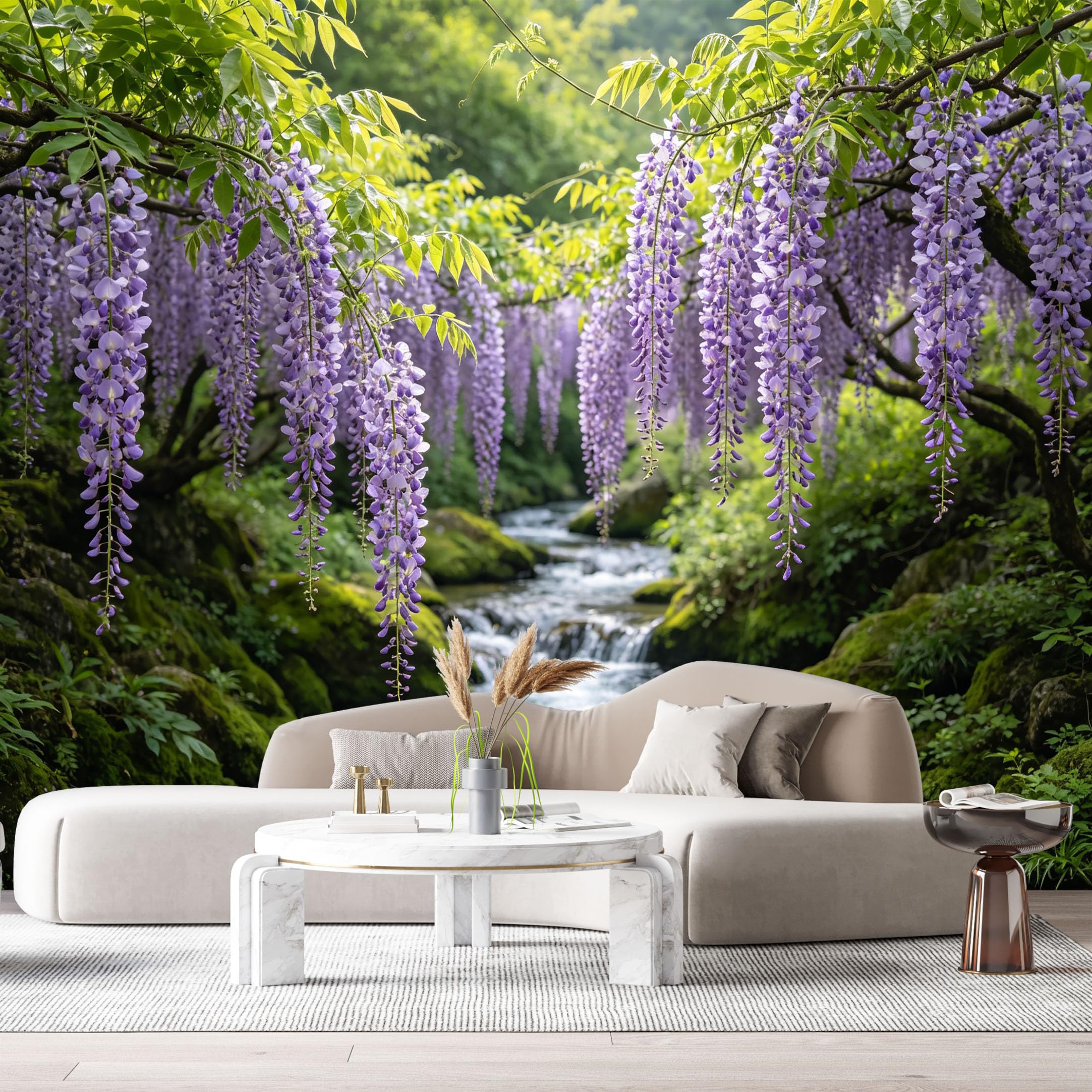 Custom Size Wall Murals Wisteria Botanical Landscape Flowing Stream Mossy Rocks Watercolor SelfAdhesive Wall Fabric Removable Large Wallpaper for Photo Living Room