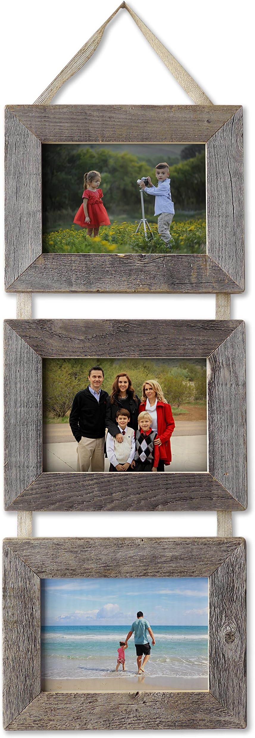 My Barnwood Frames - 3, 5x7 Reclaimed Barn Wood Frames Hanging on Burlap Ribbon, USA Made (Landscape-Landscape-Landscape)
