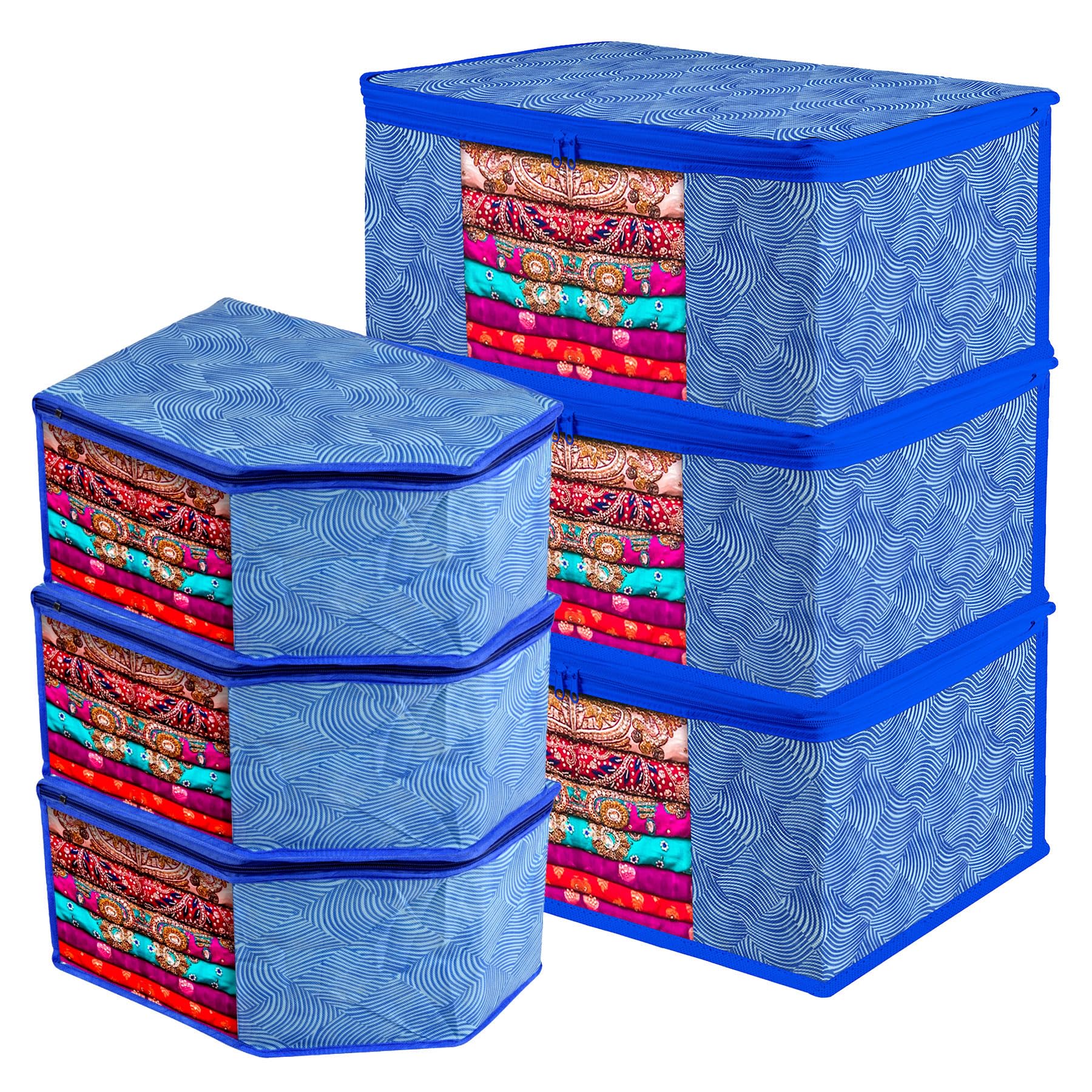 Kuber Industries Saree Cover & Blouse Cover Set | Zipper Closure Saree & Blouse Organizer Combo Set | 3 Pieces Blouse & 3 Pieces Saree Cover Set | Lahariya-Design | Set of 6 | Blue