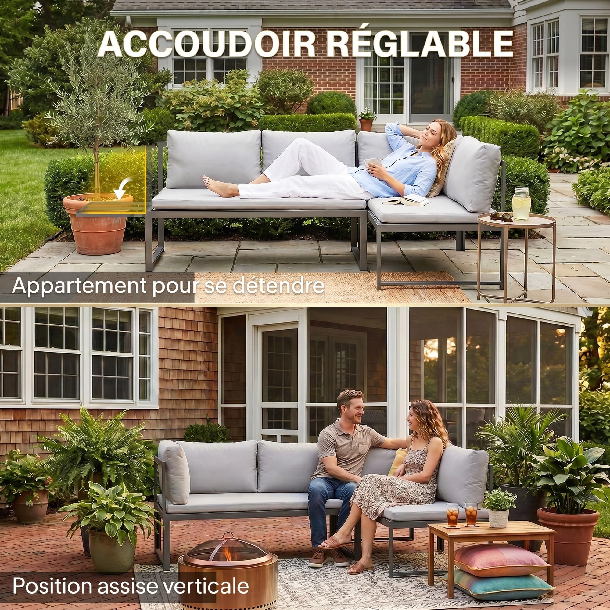 Outsunny Salon de Jardin 3 Pièces Canapé d'angle Extérieur Modulable Gris