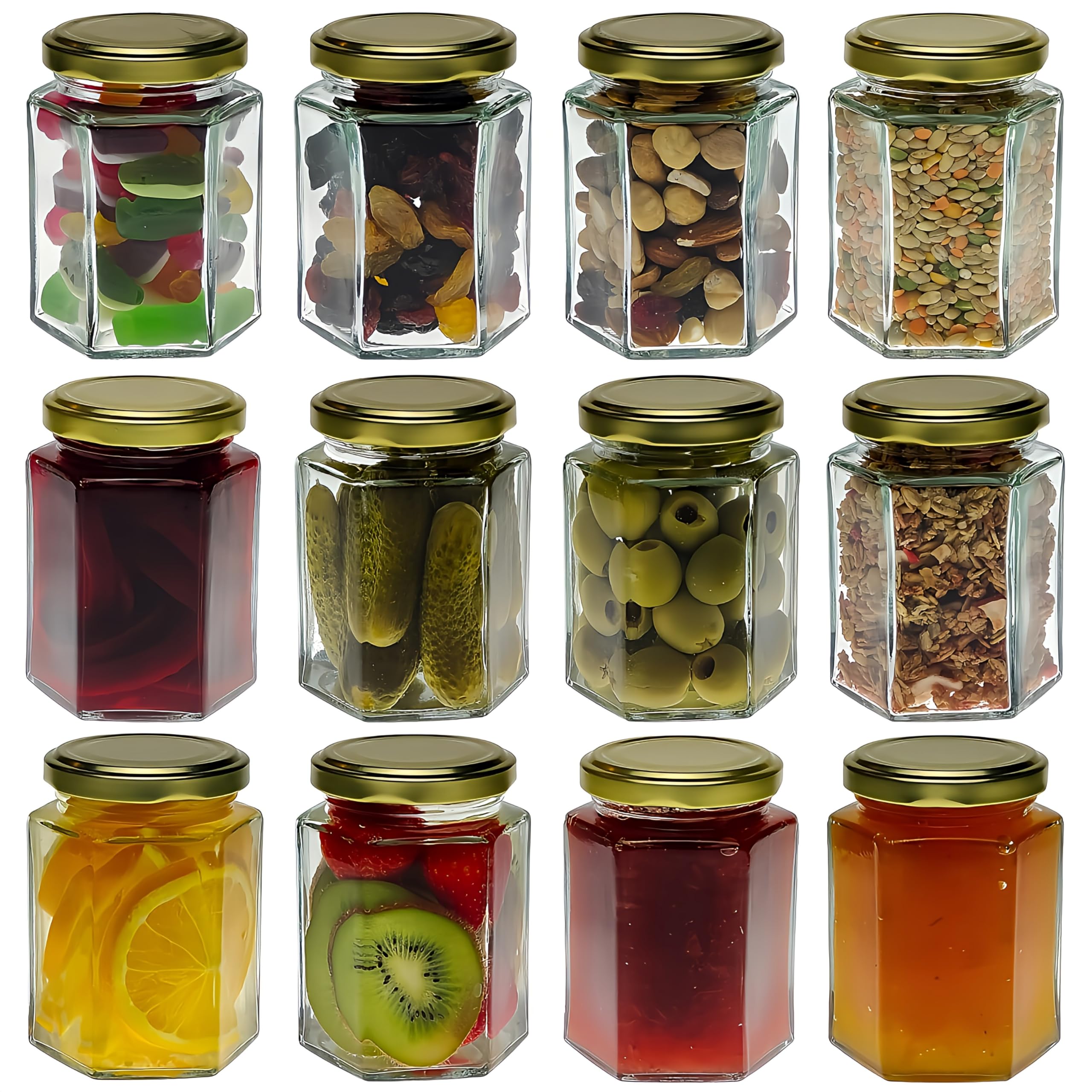 Cos Gold Glass Hexagonal Jam Jar 190Ml With Lids - Pack Of 24