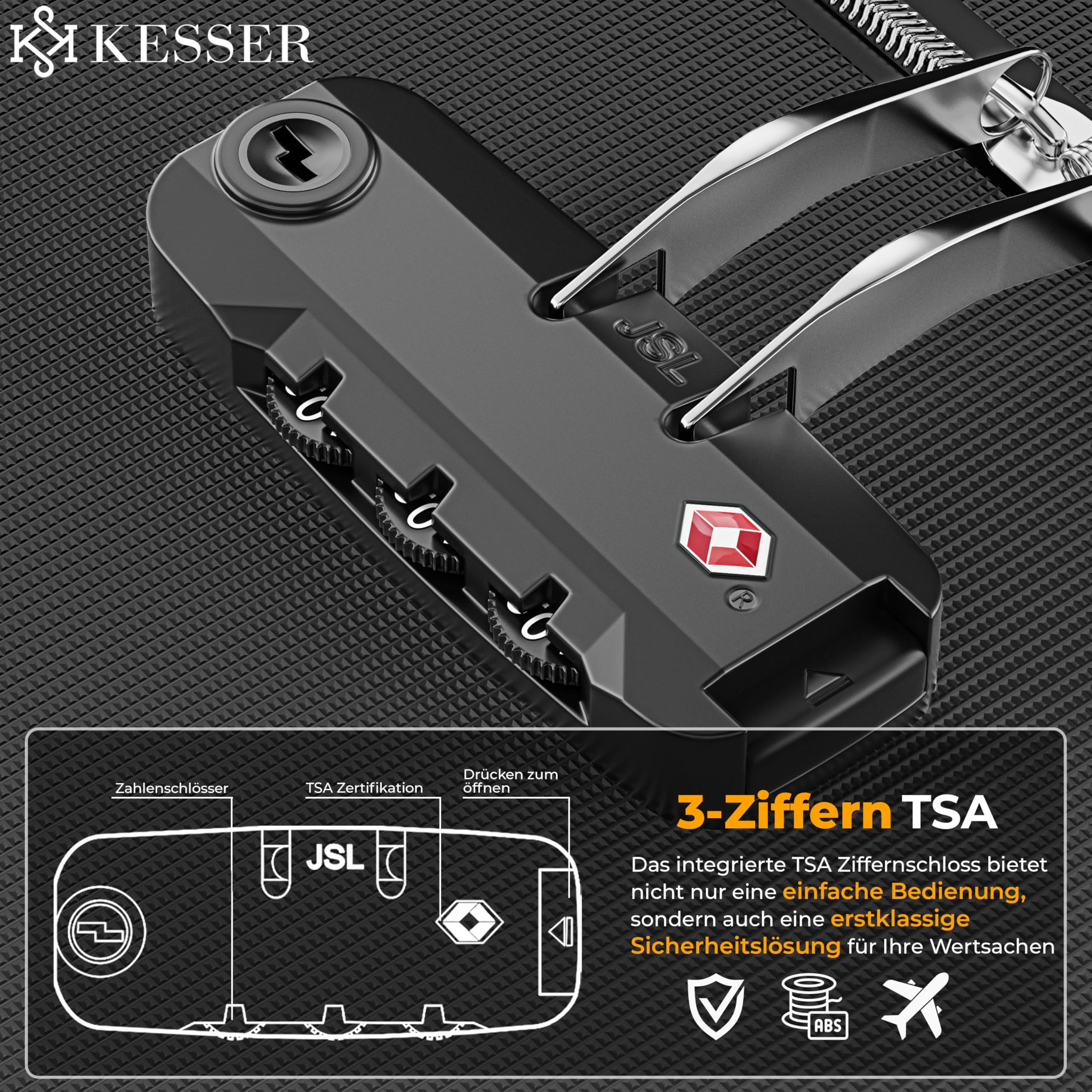 KESSER Set di valigie da viaggio da 4 pezzi | Valigia in tessuto con 3 cifre TSA, ruote a 360° e manico telescopico | Beauty case portatile bagaglio leggero e grande valigia per affari e viaggi, Nero