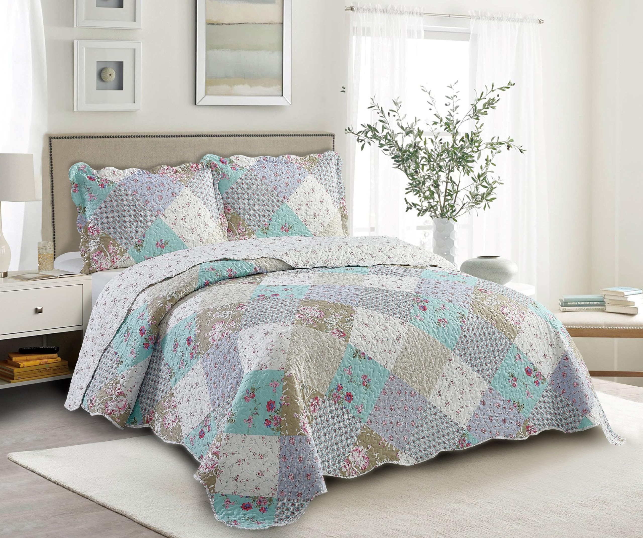 Colcha ligera para todas las estaciones reversible matrimonial azul y verde