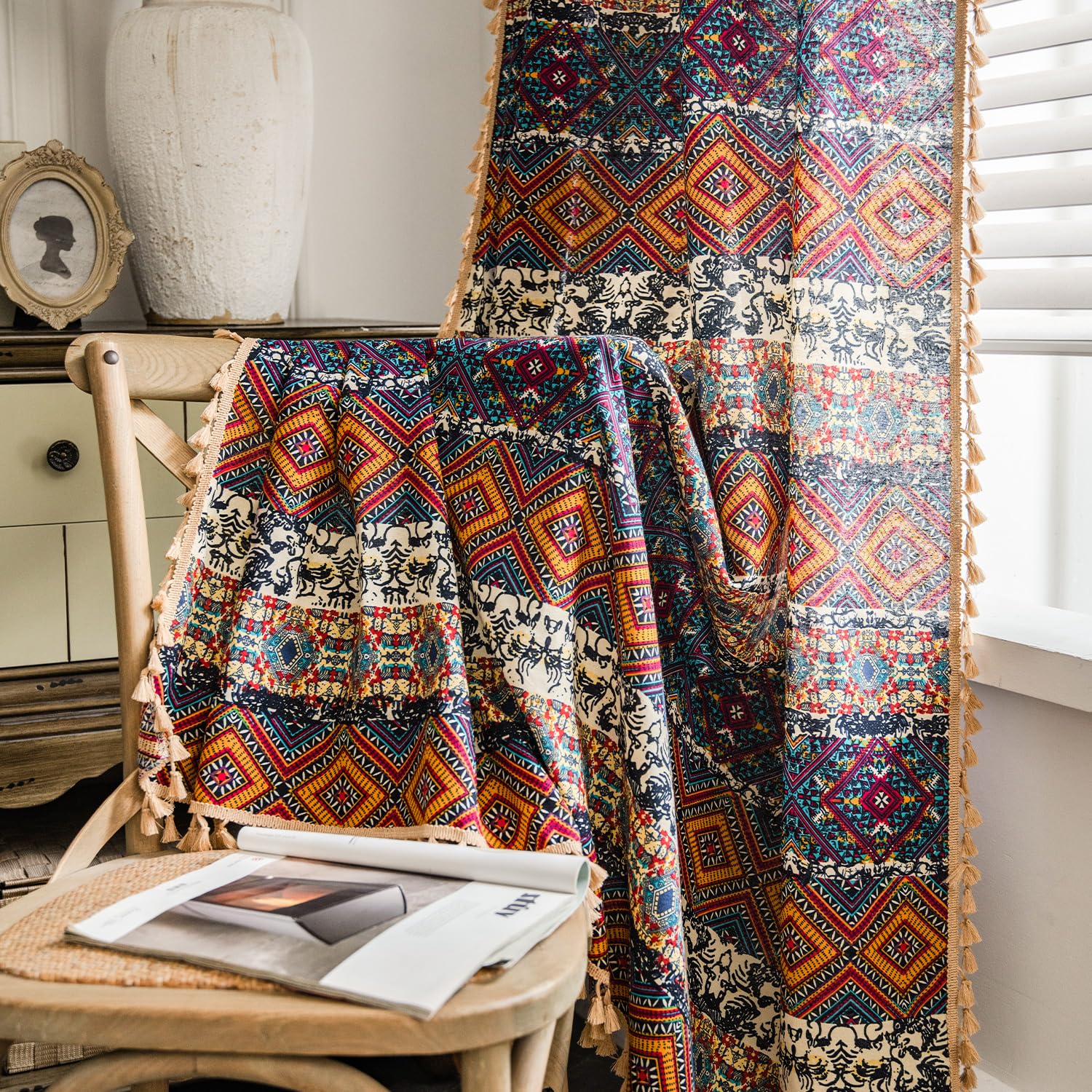 VOGOL Vintage Boho Curtains for Farmhouse, Not See Through Privacy Window Treatments for Yoga Room, Soft Touch Geo Printed Drapes for Dining Room, 59