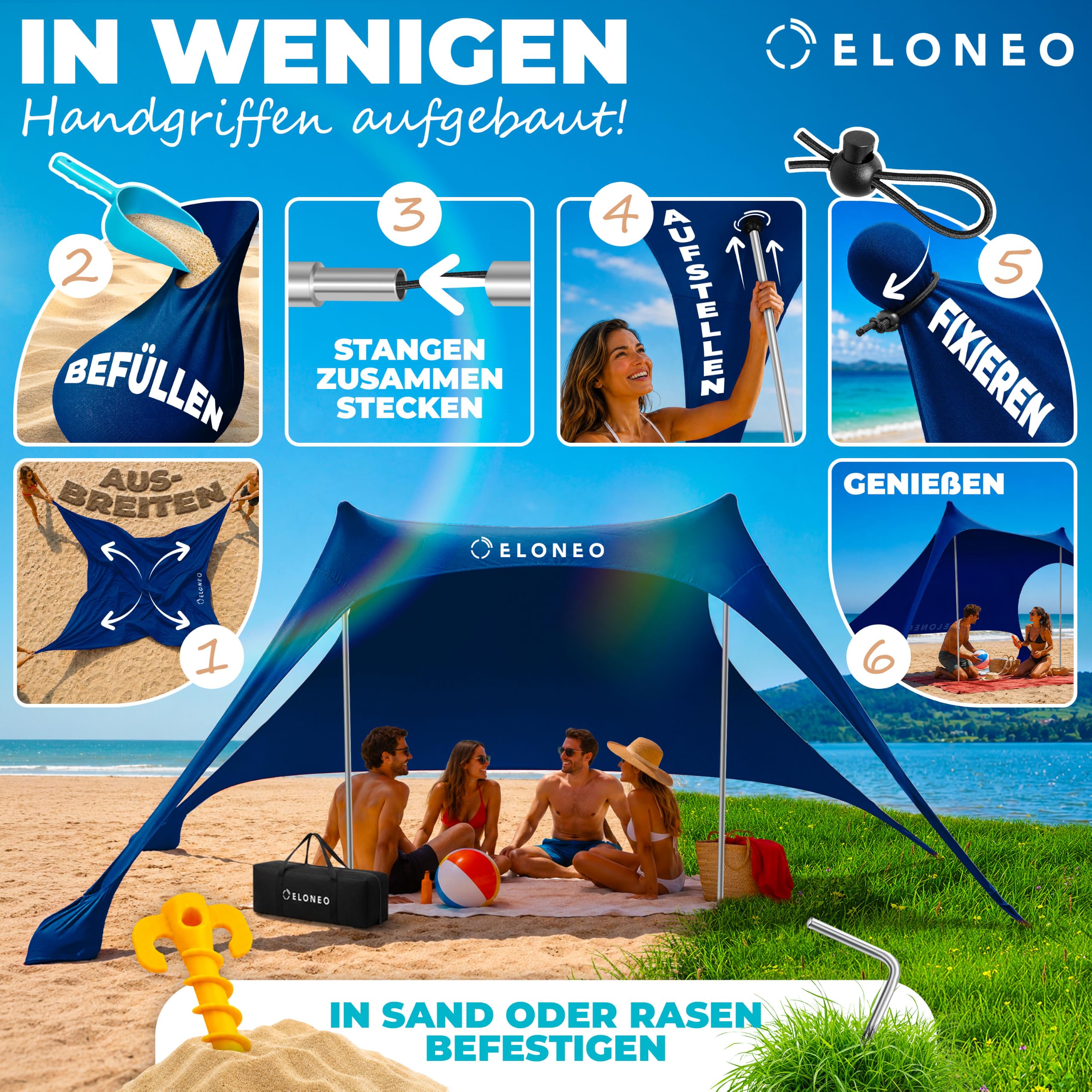 ELONEO Strandzelt, Sonnensegel Strand 200x170x150 cm, LSF 50+, Sonnenschutz für Strand mit Sandschaufel, Heringen und Stabilitätsstangen, Navy