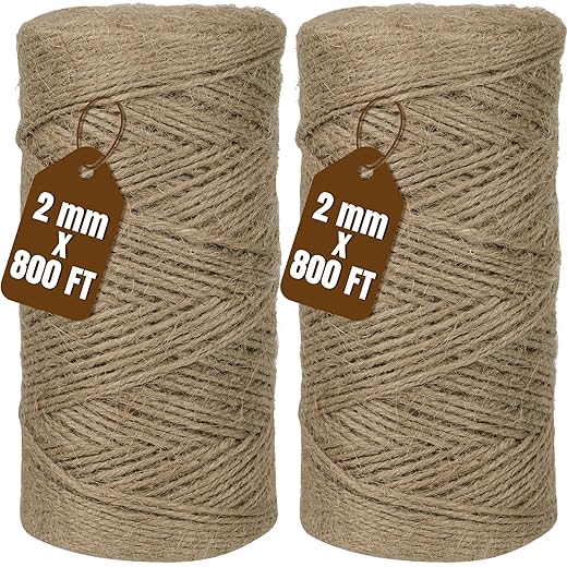 Jute Twine 2mm 1600 Feet Natural Jute Twine String for Crafting, Gardening, Gift Wrapping, Macrame, DIY Decor (2Rolls, 800Feet/Roll)