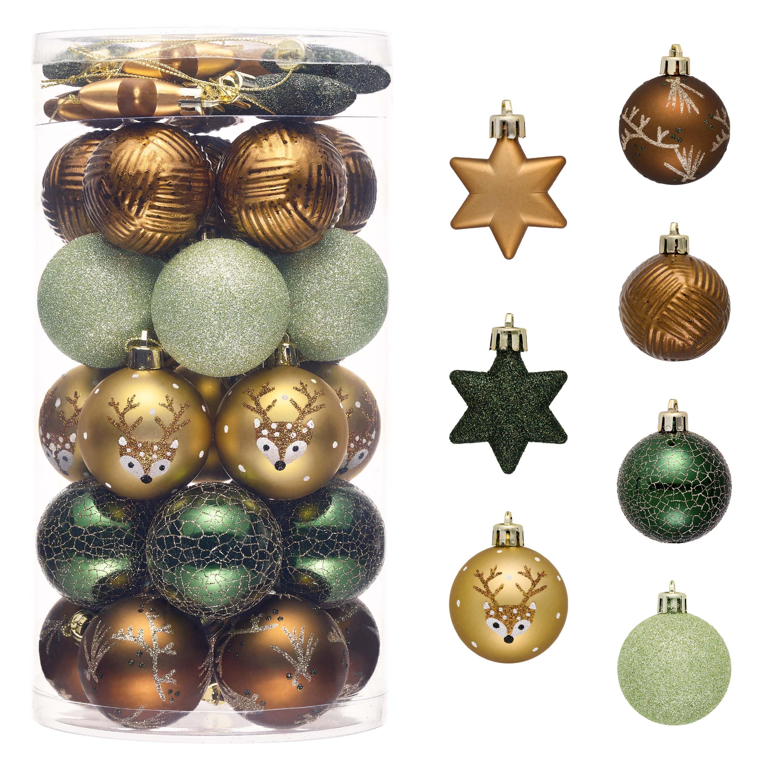Valery Madelyn Weihnachtskugeln 35 Stücke 5cm Kunststoff Christbaumkugeln mit Aufhänger Weihnachtsbaumschmuck für Weihnachtsdeko Wald Thema Kupfergold（Bronze Grün）