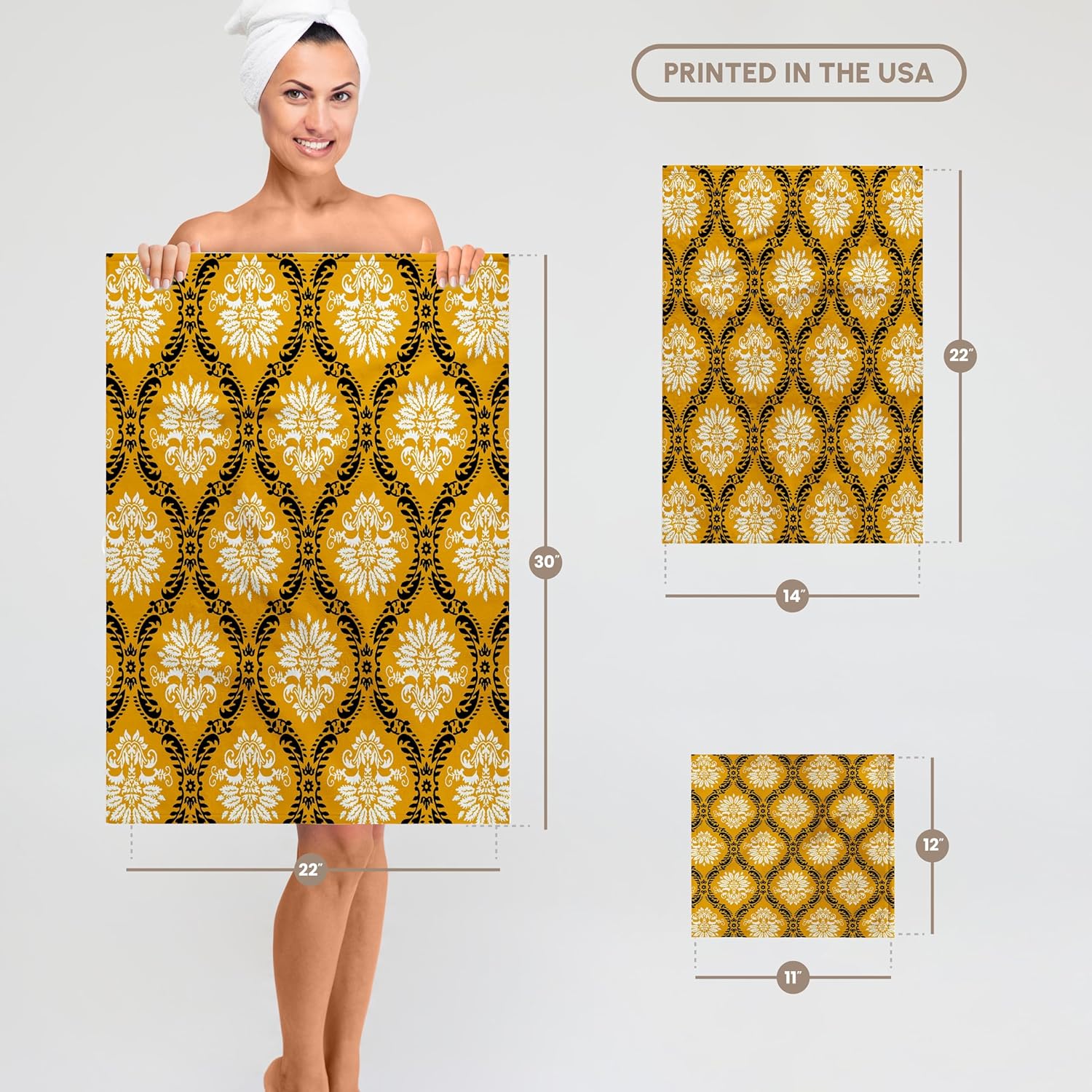 3dRose Dooni Designs Marigold Yellow Black White Ornate Damask Pattern 22x30 Bath Hand Pool Towel