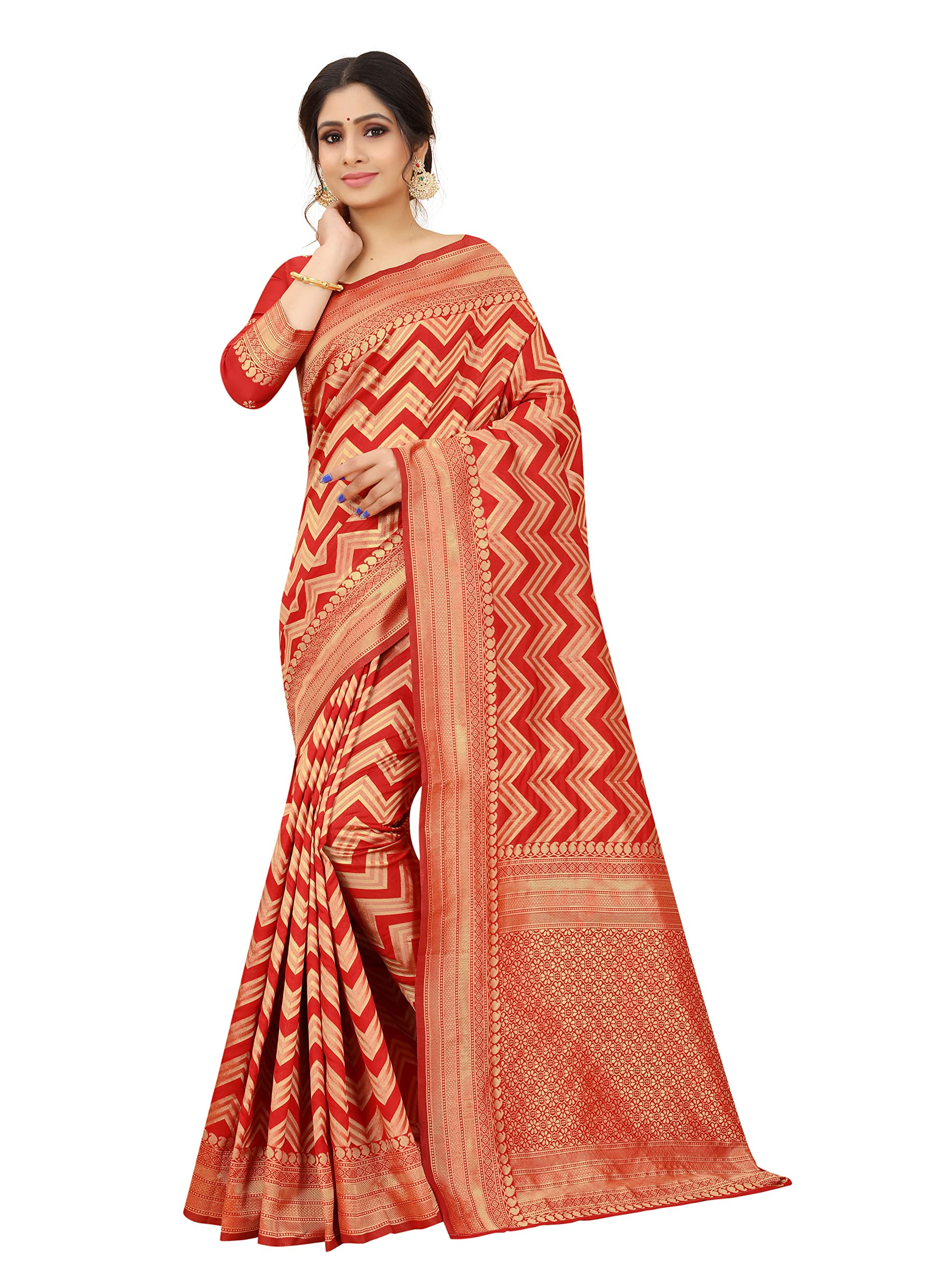 SATYAM WEAVESWomen’s Daily/Party/Wedding/Casual Wear Rapier Jacquard Banarasi Cotton Silk Saree With Jacquard Designed Unstitched Blouse Piece. (Zigzag)